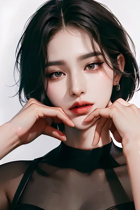 ((black hair)),((badgirl)),((ulzzang)),((beauty)),((1girl)),((sensuality eyes)),((female)),((wolf cut hairstyle)),((center)),((8k resolution)),((perfect hands)),((model)),((pose)),((sony A7 Mark 3)),((lens 50mm)),((white studio)),((variation hair)),((cropt...