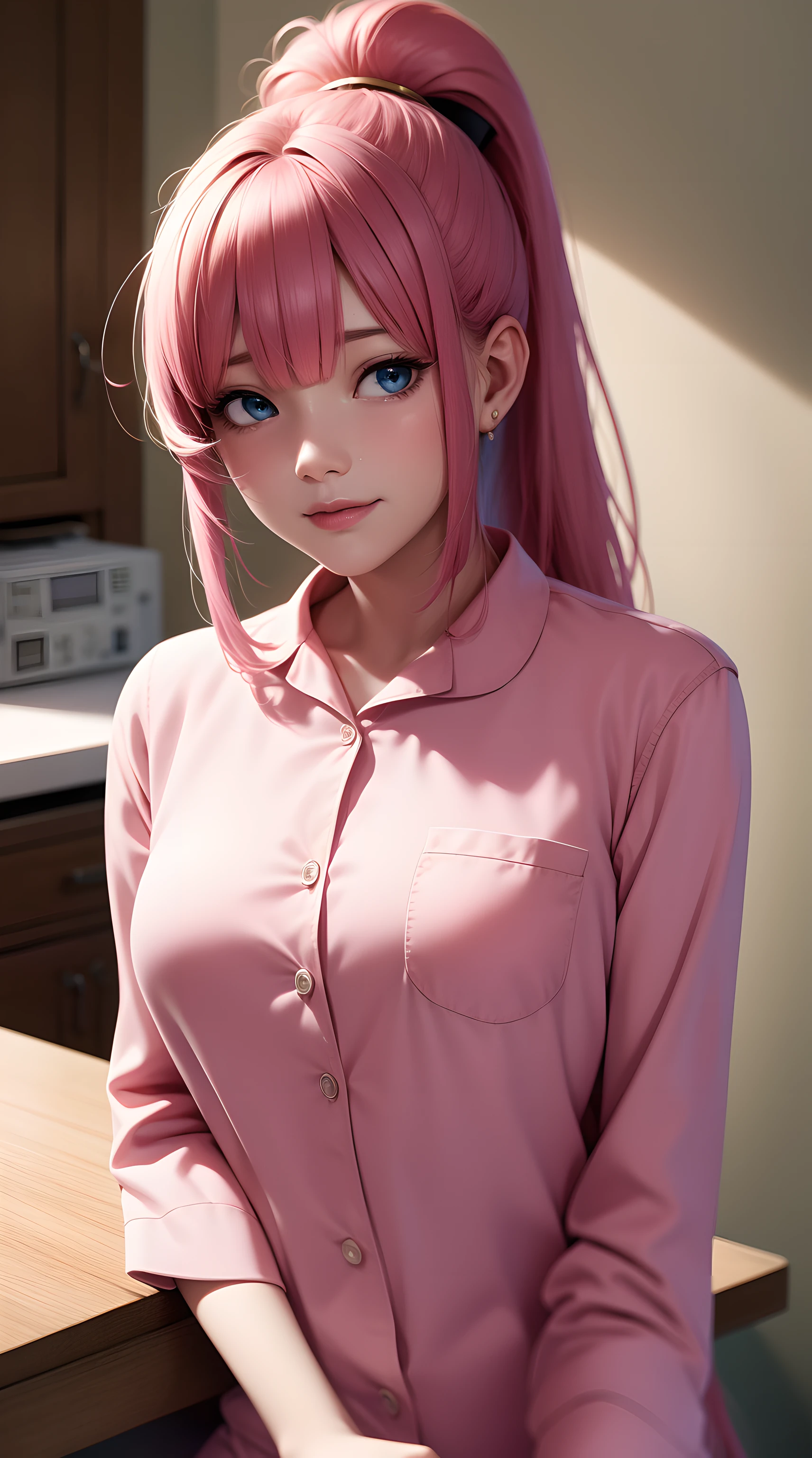 gotou_hitori, long hair, pink hair bangs hair, blue eyes, ponytail, ponytail, beautiful, beautiful woman, perfect body, perfect breasts, wearing white pajamas, pajamas, sleepwear, in the kitchen, clear kitchen, looking at the audience, a slight smile , realism, masterpiece, textured skin, super detail, high detail, high quality, best quality, 1080p, 16k