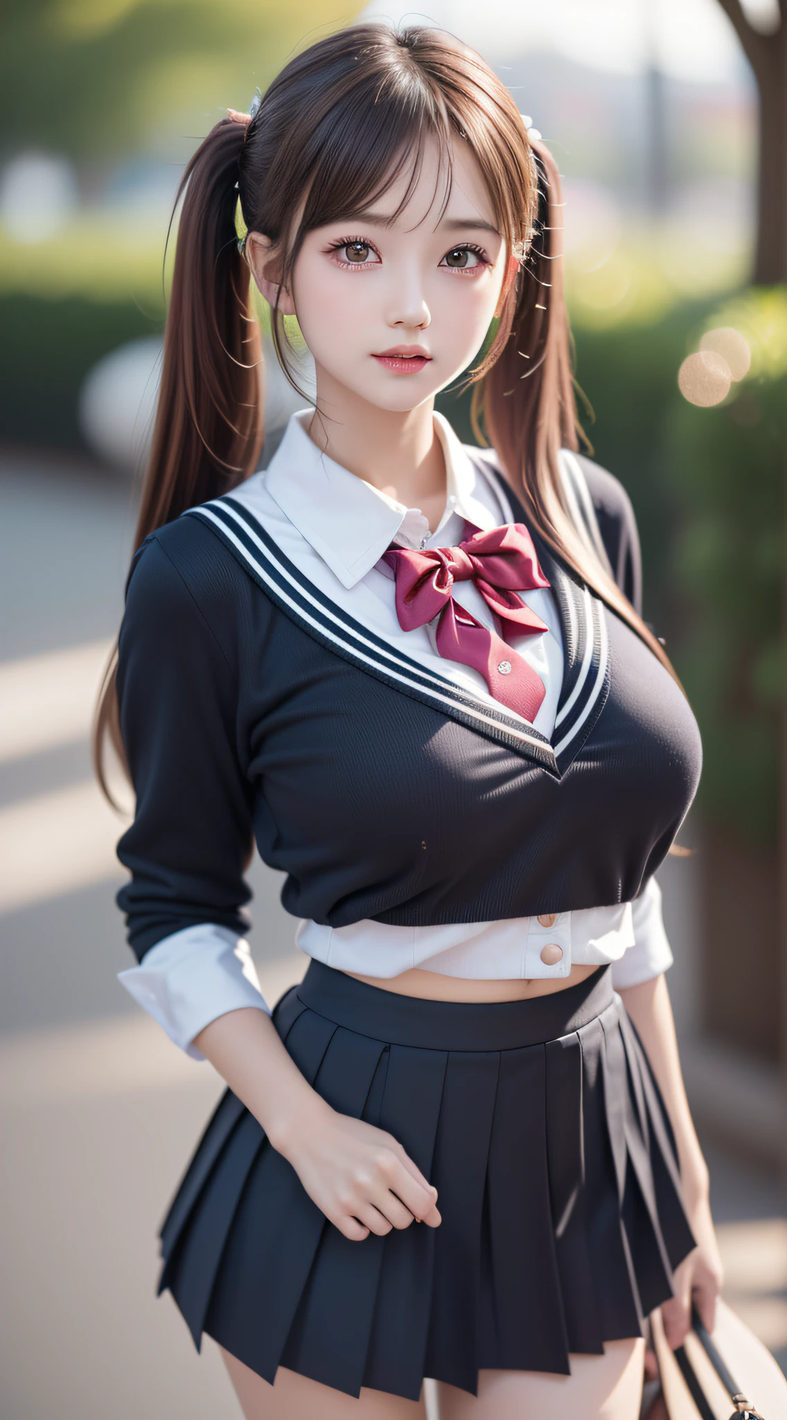 ((2girls)), ((Best Quality)), (Ultra-detailed), (extremely detailed CG unified 8k wallpaper), Highly detailed, High-definition raw color photos, Professional Photography, (Twintails), Brown hair, Amazing face and eyes, Pink eyes, (hi-school uniform, pleated mini skirt:1.3), (amazingly beautiful girl), (((Bokeh))), depth of fields,