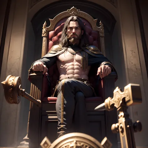 God Seth imposing ultra details sitting on the throne looking at me holding his hammer with very sinister features