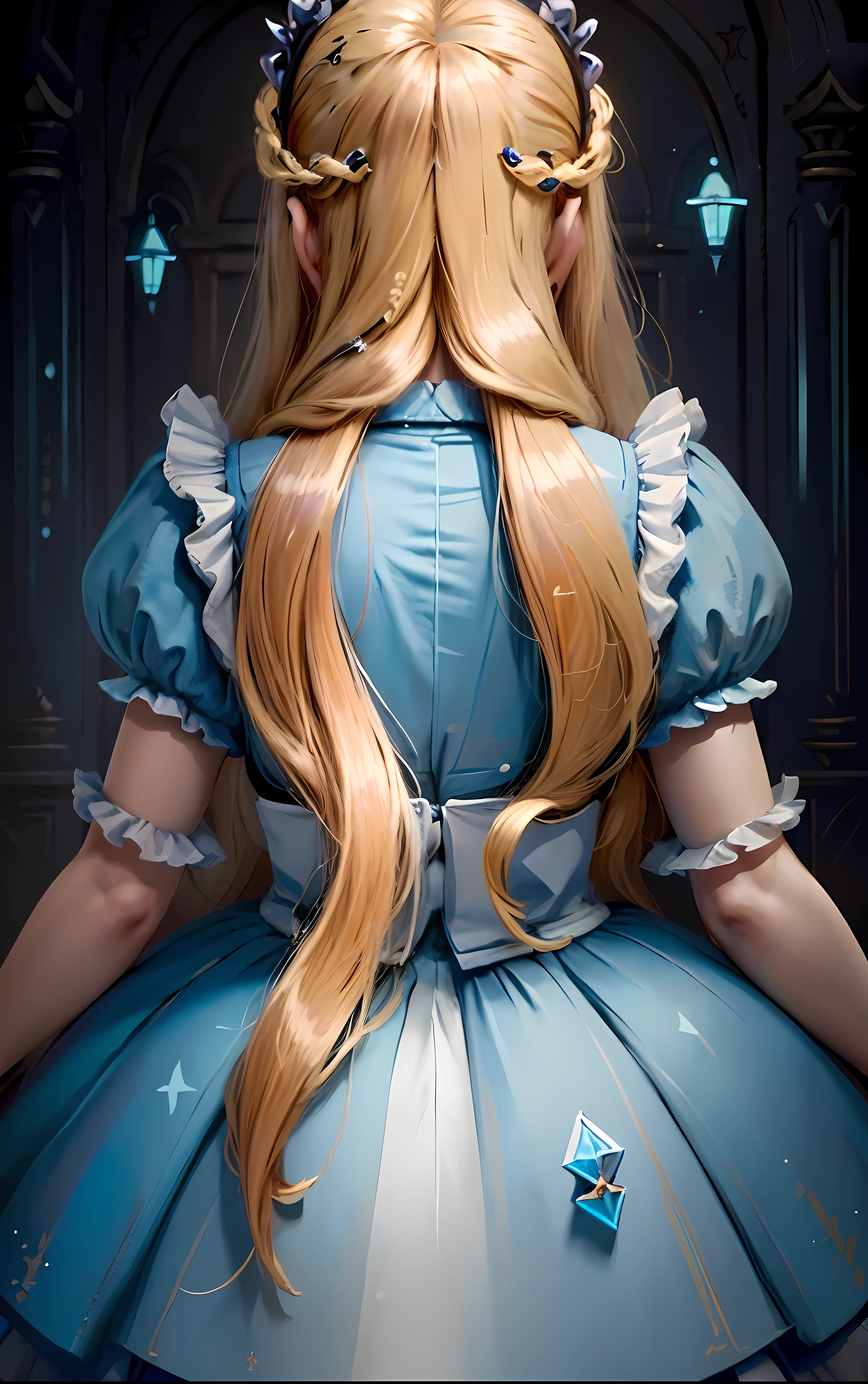 (Masterpiece:1.2), Best quality, A high resolution, Original, (Extremely detailed:1.2), Ultra-detailed, the wallpaper, Perfect lighting,(Extremely detailed CG:1.2), 8K, illustration, 1girll, Solo, AliceWonderlandWaifu, Light blue dress, blond hairbl, shiny fabrics, From behind, rear angle, En plein air, Sunny, Unity