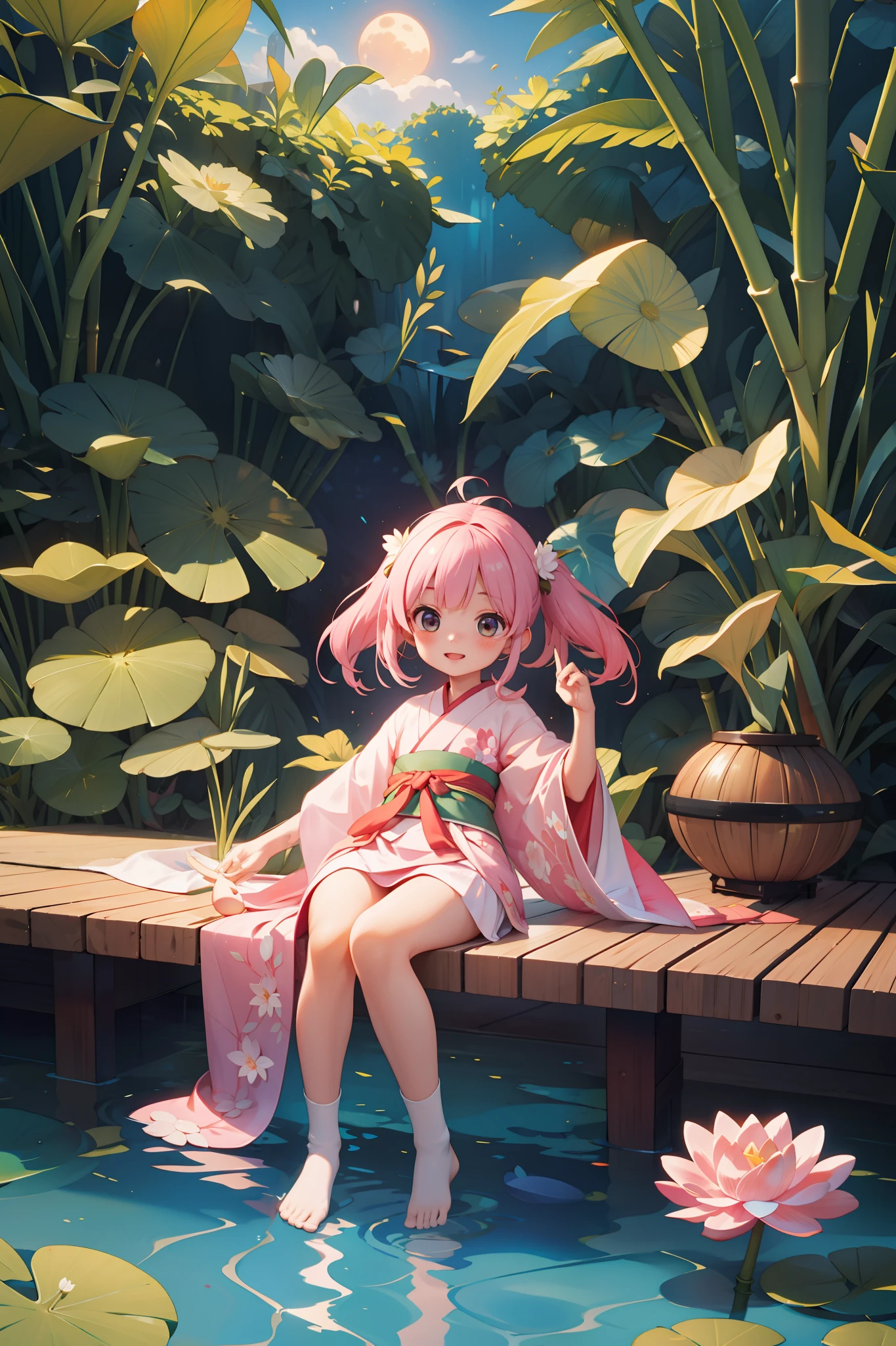 （best qualtiy，tmasterpiece，Hyper-realistic），1 beautiful and delicate portrait of a girl，Playful and cute，Pink Hanfu, Moon,Chao yang, sonoko, Bamboo, water lily, hot onsen, vapour, (illustration: 1.0), Epic composition, Realistic lighting, HD details, Masterpiece, Best quality, (Very detailed CG unity 8k
