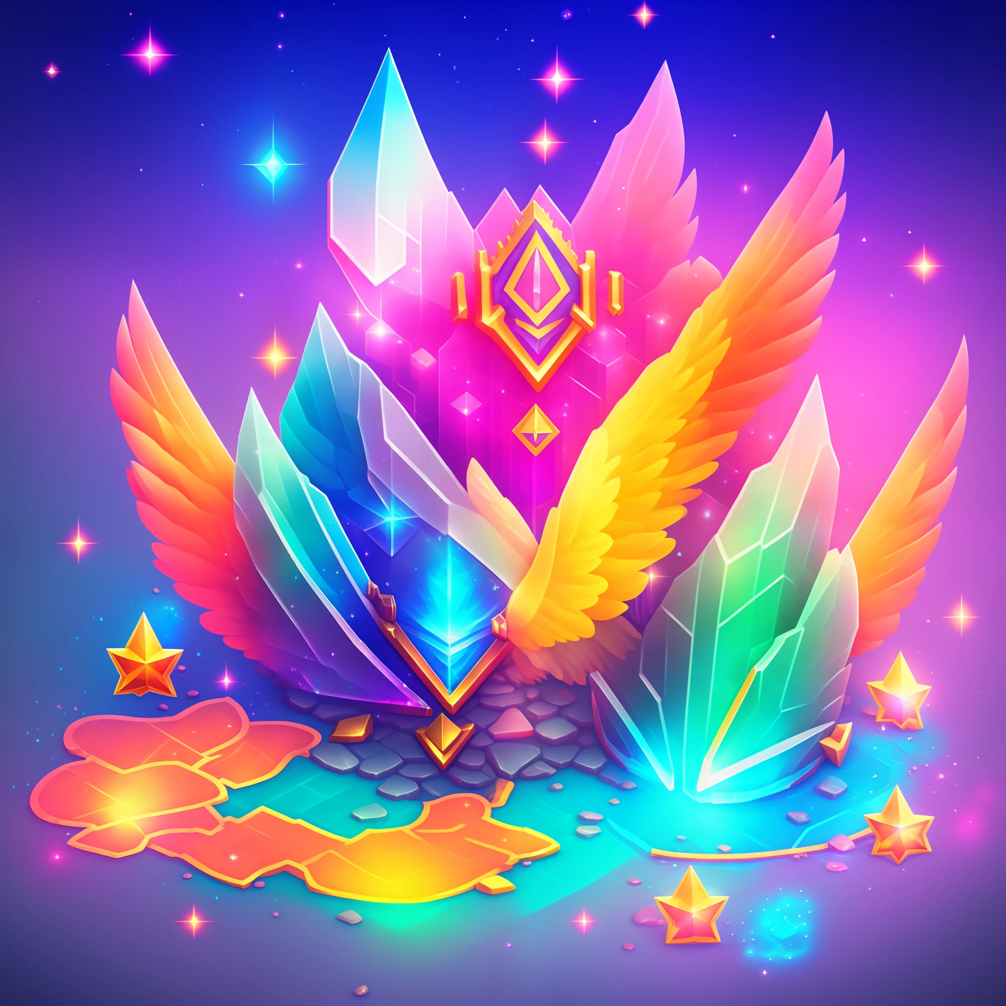 Close up of shoes and diamonds on colorful background, Glass shoes and pigeon feathers, Item Art, star guardians, 3 d icon for mobile game, Magic artifacts, Heartstone Original Art Style, magical items, star guardian inspired, Shiny Gem, maplestory mouse, Shiny gemstones, ornate gem in pommel, angelic halo, shiny armor