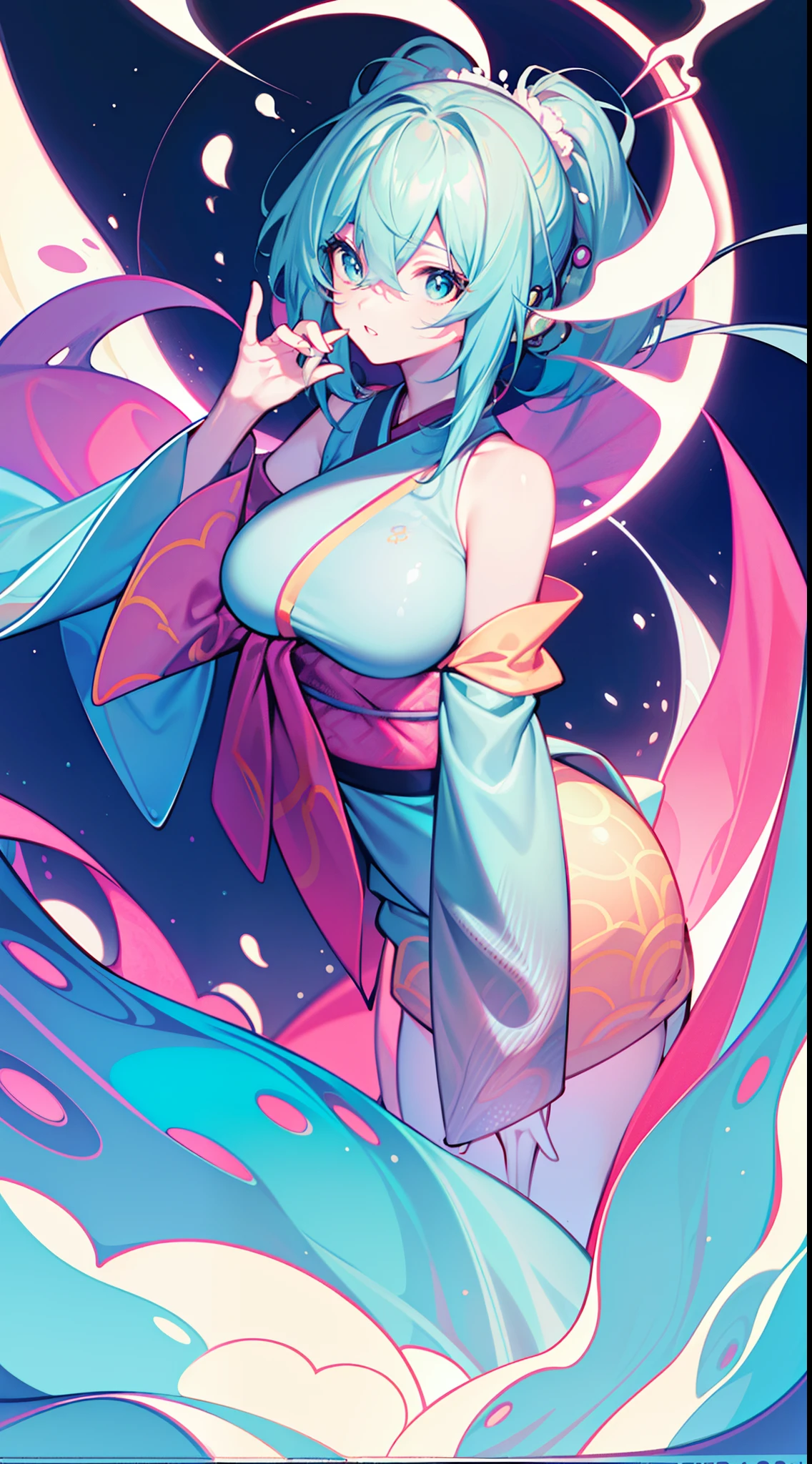 hyper HD, retinas, Anatomically correct, Textured skin, Super detail, Best quality, A high resolution,Nice card back,Animate,aqua background,Reduce color brightness,The background color of the gradient,Circular bubbles float upwards,Break!,1个Giant Breast Girl,Kimono with white,fall