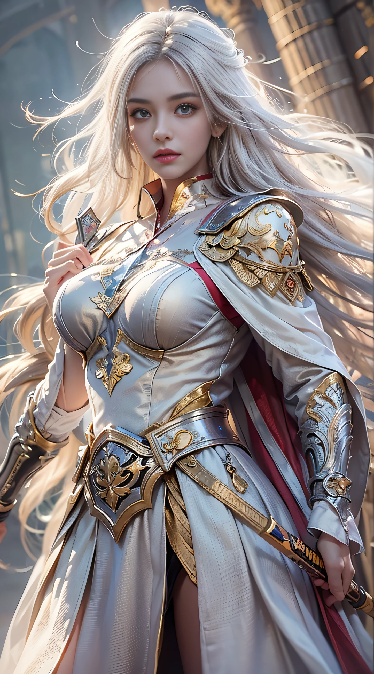 extremely beautiful young lady, subtle makeup, golden hour, photorealistic, high contrast, 8k HD, detailed, hyper-detailed, realistic skin texture, long white hair, big breast, best quality, ultra high res, raw photo, dramatic lighting, unreal engine, diffuse glow  intricate silver eaba, white imperial cape, spear, sword, no helm