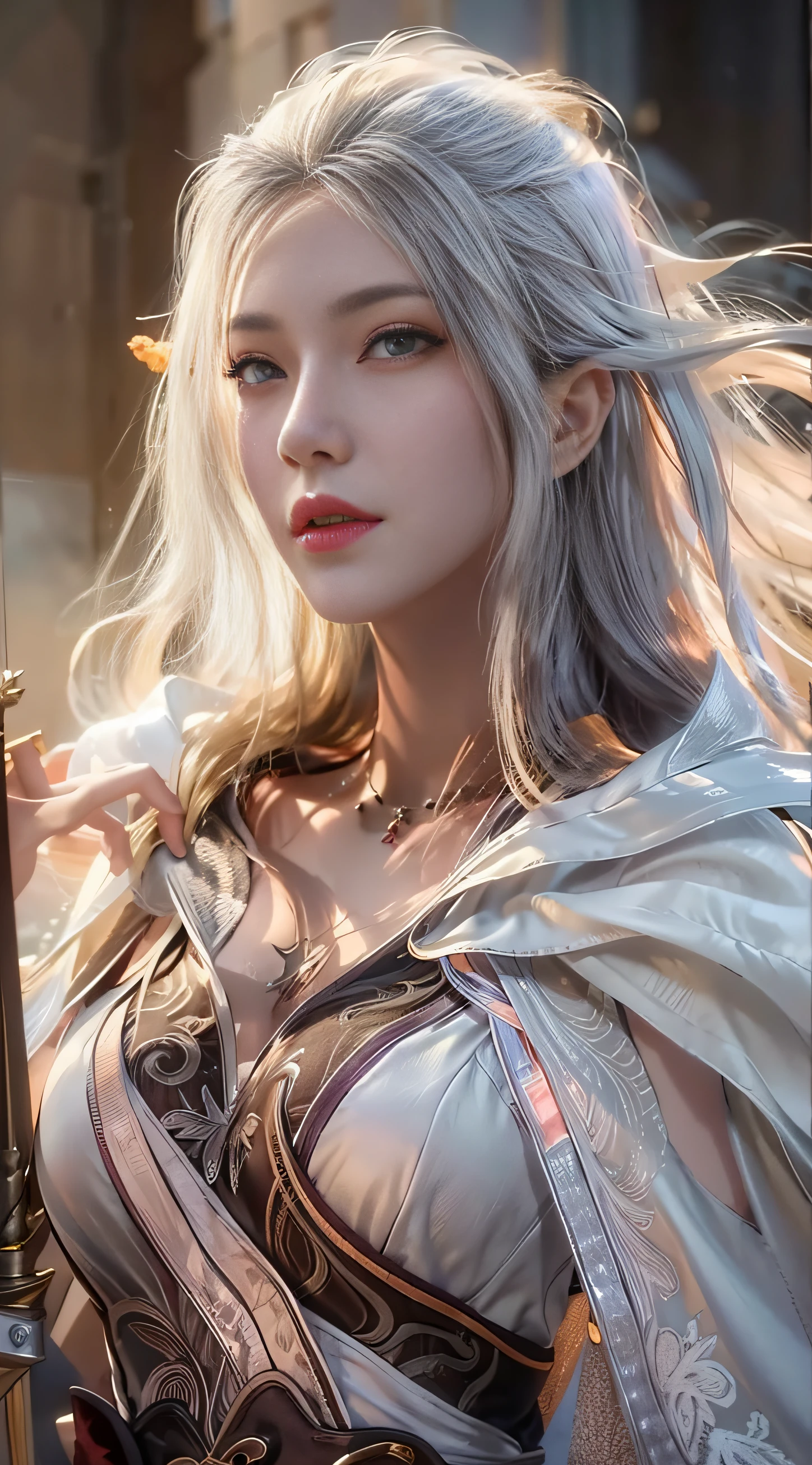 extremely beautiful young lady, subtle makeup, golden hour, photorealistic, high contrast, 8k HD, detailed, hyper-detailed, realistic skin texture, long white hair, big breast, best quality, ultra high res, raw photo, dramatic lighting, unreal engine, diffuse glow  intricate silver eaba, white imperial cape, spear, sword, no helm