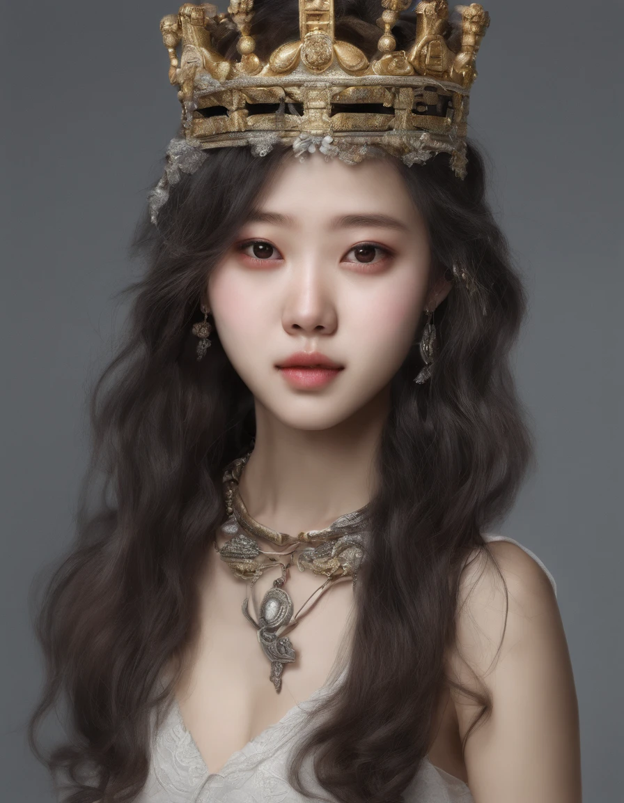 Korean girl, Wearing a collar, heart-shaped eyes, crown, symbol-shaped pupils, wolf ears, grin, streaked hair, Surrealism, panorama, masterpiece, textured skin