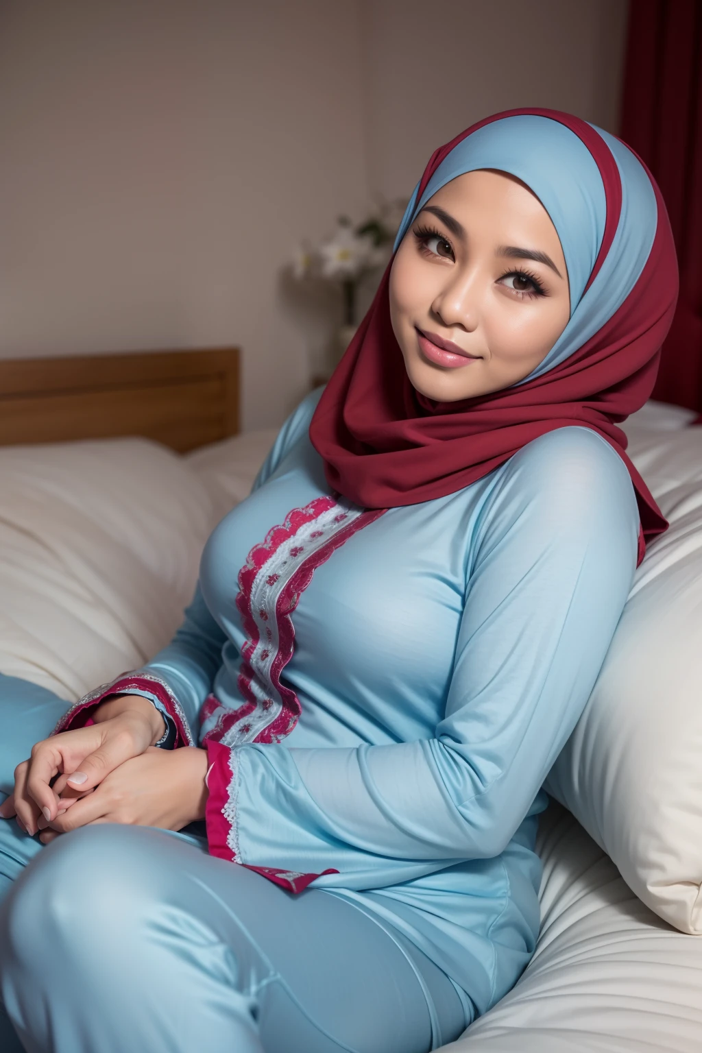 matured malay woman in hijab wearing sexy red color pajamas sleeping in bed portrait photography, lying in bed, mid shot photo, ultra detail, professional photograph with professional lighting, smile, light blue bed, bedroom, sexy seducing sleep pose, curvy