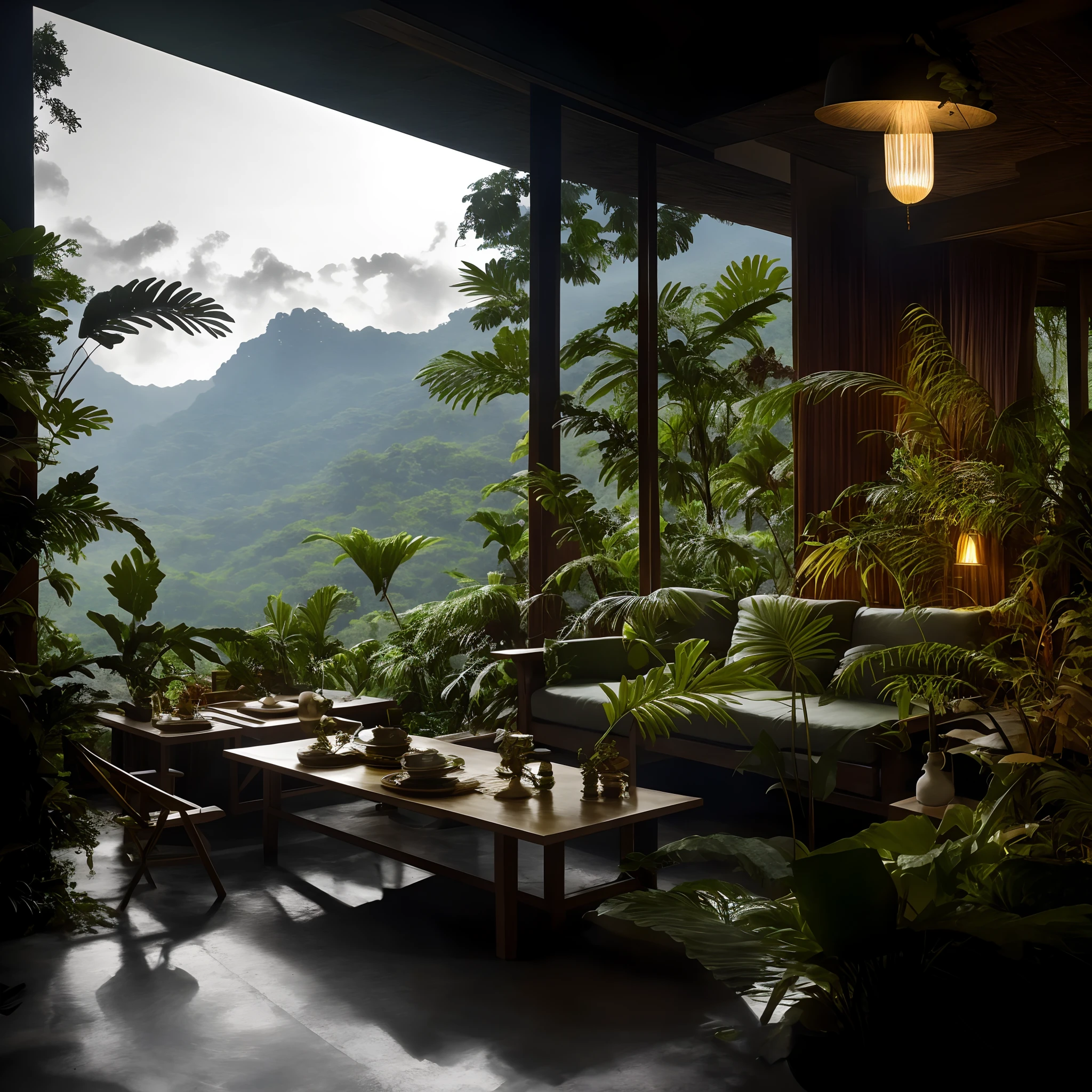 Sala de estar com vista para uma montanha e uma floresta, mountainous jungle setting, jungle setting, Como uma cena de Blade Runner, magical atmosphere, pintura fosca ultrarrealista, em um ambiente de selva, Ambiente bonito, floresta nublada, Selva bonita, ambiente mal-humorado, selva exuberante, Inside an alien jungle, Plantas e selva, montanhas da floresta tropical, ambiente relaxante