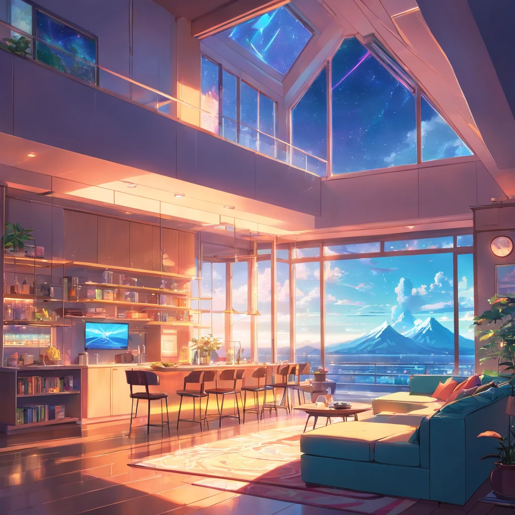 luxurious futurisitic inside neon house living room with glass window