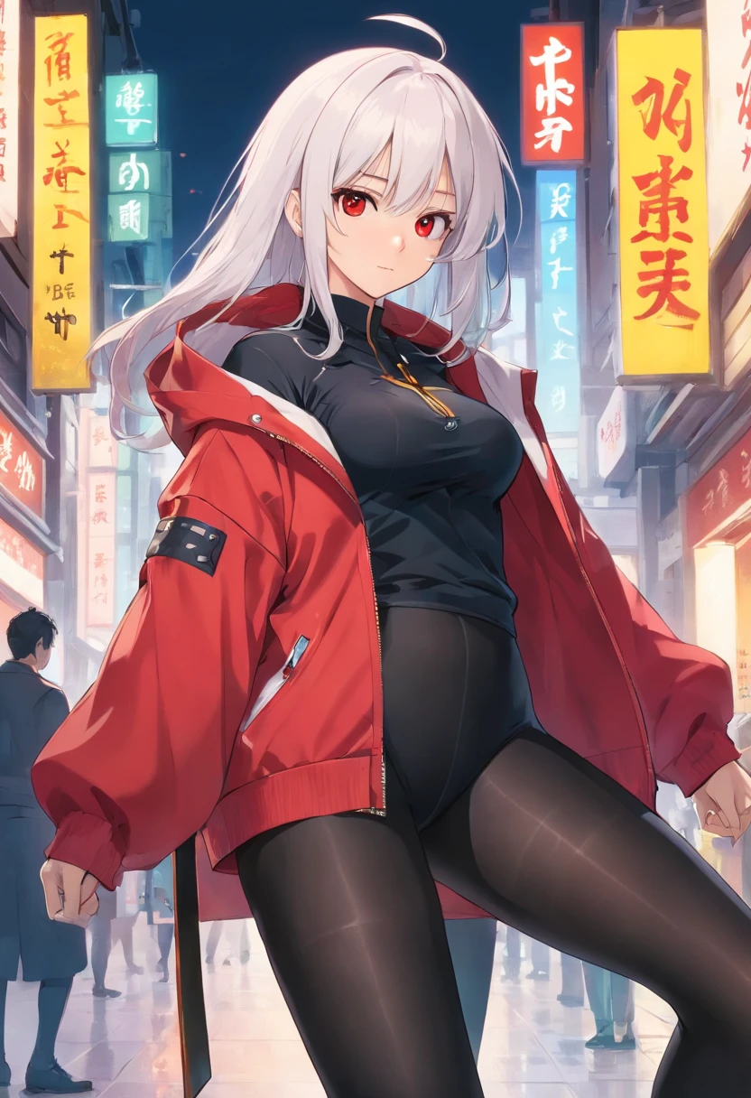 (Master parts, best qualityer), concept-art, Full body image of Japanese women，dressed in (Big red jacket:1.2) and a black shirt, fightingpose, intricately details, color difference, (Black pantyhose:1.4), 1girll, with long coiled hair, pale brown hair, Messy hair, droid, Biomechanicals, hair on one eye, honey eyes, Sharp eyes, Neon shirt, Open jacket, big sword, Cybernetic katana, Dark Blade, Japanese role-playing game style, Tech fantasy, Final Fantasy, pastels colors, (simple backgound, white backgrounid:1.3) From the front side，Positive perspective，looking toward the viewer，face to the viewer，Full body photo:1.4,perfect hand，perfect body figure，with perfect legs，perfect foot，Black pantyhose，transparent pubic hair，leg wide open，squatt，No shoes，cleavage，Bigchest，Type M，knee hugging，Hold your legs，focus on the feet，bends his knees，Knees，low chest，cropped shoulders，squatting pose