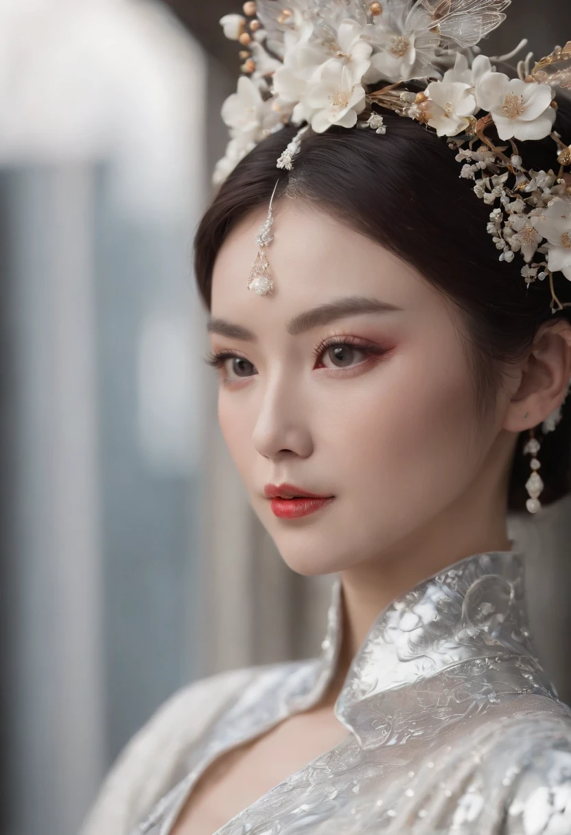 (Best quality,4K,8K,A high resolution,Masterpiece:1.2),Ultra-detailed,(wide wide shot)Wedding photo of a Japanese female robot in the mid-twenties，Made of shiny white and silver translucent glass and plastic, geisha makeup and hairstyle, Silver metal interior body, Glowing gold circuit,