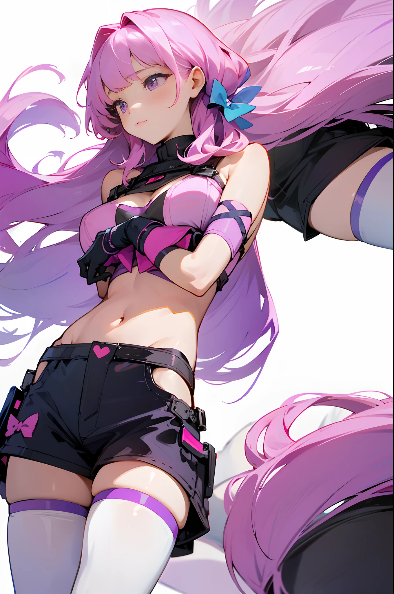 masterpiece, best quality,1girl, simple background, (white background:1.5), multiple views,
thighhighs, gloves, bow-shaped hair, bare shoulders, shorts, navel, cleavage, long hair, bow, pink hair, bangs, purple eyes,