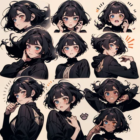 candacernd, (heterochromia eyes)，dark skin, emoji pack，9 emojis，emoji sheet，Align arrangement，Multiple Poses and Expression（Grieving，astonishment，having fun，excitement，big laughter，Touch your head，Sell moe, wait），Anthropomorphic style，Disney style，Black st...