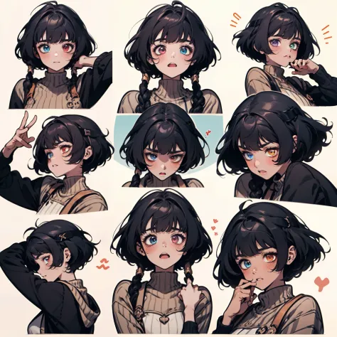 candacernd, (heterochromia eyes)，dark skin, emoji pack，9 emojis，emoji sheet，Align arrangement，Multiple Poses and Expression（Grieving，astonishment，having fun，excitement，big laughter，Touch your head，Sell moe, wait），Anthropomorphic style，Disney style，Black st...