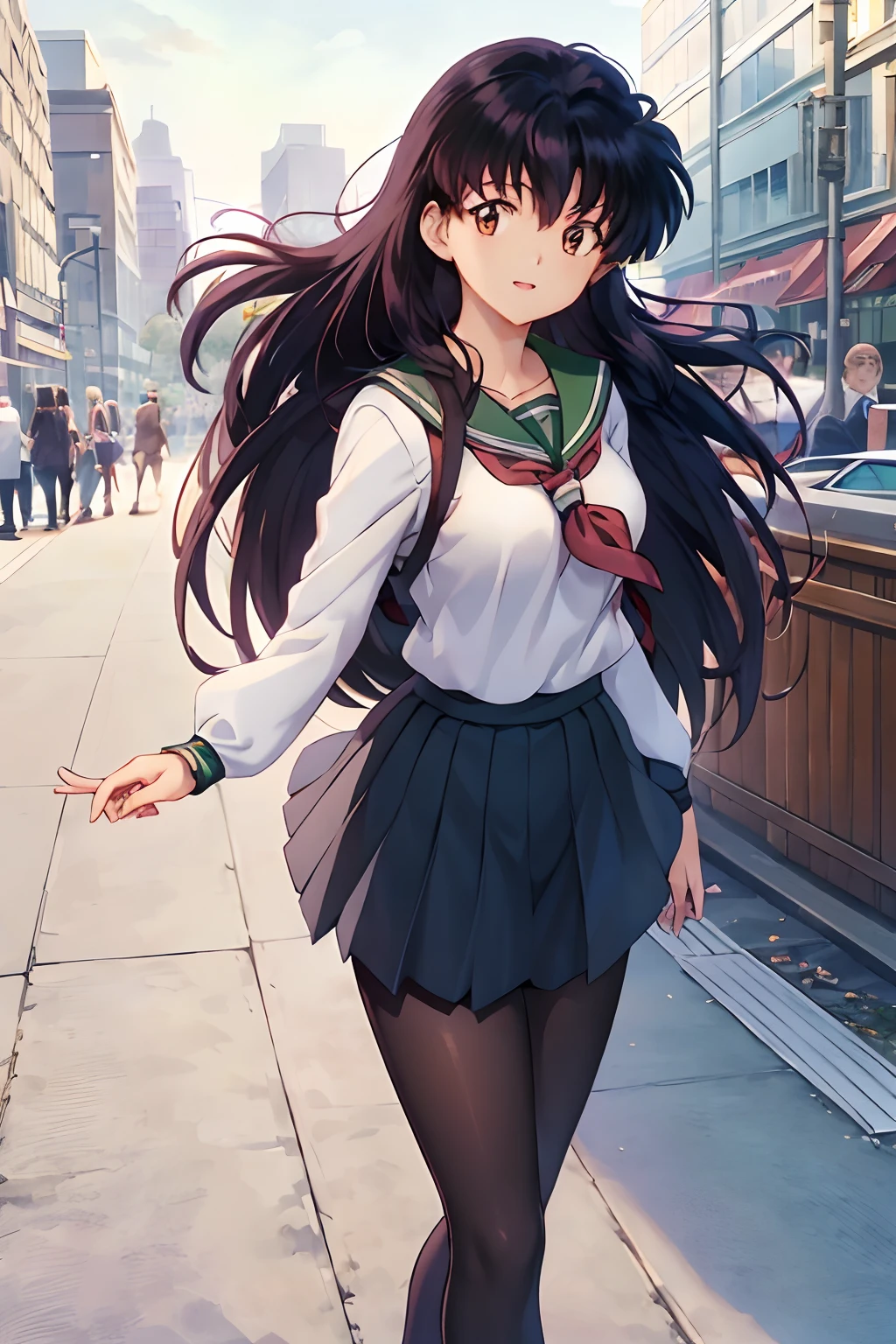 (Best Quality), 1Woman,1girl Kagome Higurashi, brown eyes, full body, photorealistic, (hyperrealistic:1.2), perfect eyes, perfect face, perfect lighting, outdoors, warm colors, city, school uniform, happy, , walking,, smile, pantyhose green