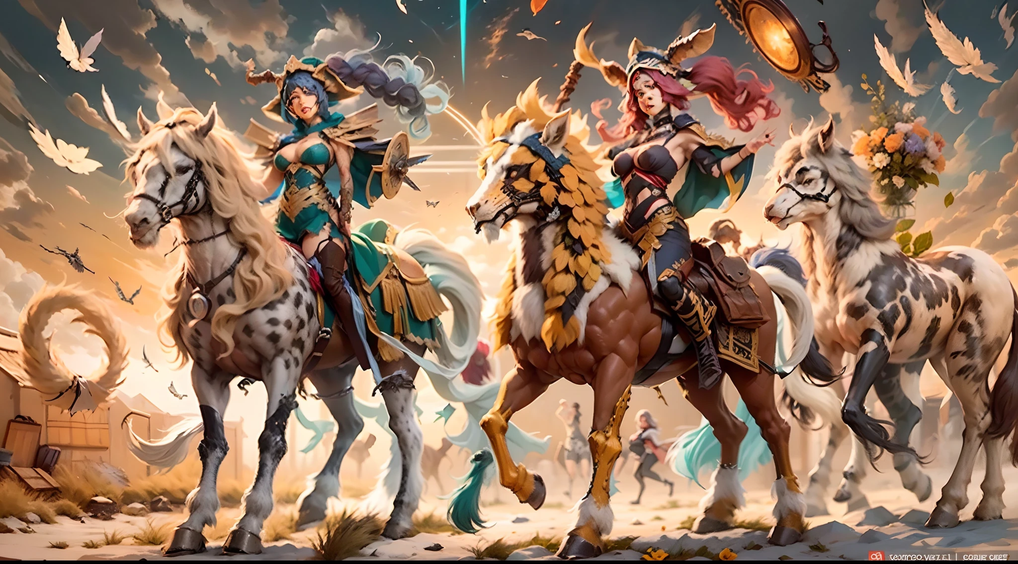 In the beautiful illustration of this super-grand scene，The ultra-distant lens shows us（Over eight separate and distinctive centaur characters：9.9），They all have their own characteristics，Vivid and interesting。Radiant from the heavens（Angelic centaurs：6.6），To nightmarish is（Centaurs surrounded by flames：6.6）、And then to the wind dancing in the air（Fairy centaurs：6.6）、And thunder and lightning surrounding（One-horned centaur：6.6），and shining metallic ones（Mechanical style centaur：6.6）、And then（A centaur with colorful dragon scales covering the whole body：6.6）The power is powerful、Elegant and agile（Elf centaur's slenderness：6.6）Gracefully wears a flower crown、Enchanting and charming（Tiflin centaurs：6.6）、Have the indescribable（Raised sexy：6.6）'s（Succubus centaurs：6.6）。Each character has their own unique charms and abilities。The illustration uses advanced artistic techniques and tools，（Use nesting、woven、stitching、ssee-through、arrange、grouping、Storyboards and other methods，Divide the scene into sections by geometric arrangement：9.9），Each section corresponds to a centaur character，This makes more efficient use of space。Through Midjourney's advanced brush tools、Color palette、Material packs and model packs、Texture tools，For each centaur, beautiful props are designed to increase racial characteristics、Clothing and physical features，（Enhances the character's personality and visual appeal：2.5），The scenery in the illustrations is stunning，There are changing skies、rainbowing、extreme light、Stars and Moon。Incorporating iconic landmarks such as Mount Everest，and fireworks、tranquil lake、Natural and urban elements of waves and neon lights，Creates a magical atmosphere，The centaurs display their unique abilities and equipment in a variety of environments，This is true even in extreme alien landscapes。（Use Midjourney's toolaterial packs、Texture tools、The color palette makes depicting details vivid and realistic：9.9），From complex hairstyles and as well as different racial traits、Body、Ap