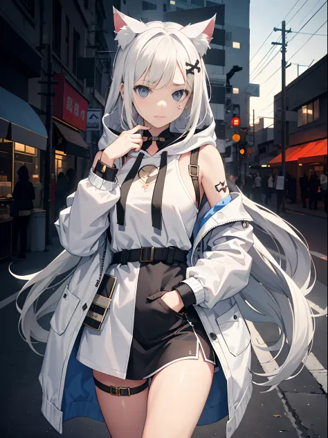 1 girl,  Breast in, stitched face, patchwork skin, Closed mouth, Long Hair, face expressionless, City, street, White hair, stitched face, Patchwork skin, Cowboy shot, ( Hoodie), (Hand in pocket), Open white coat, Inside, she wears short black sleeves with ...