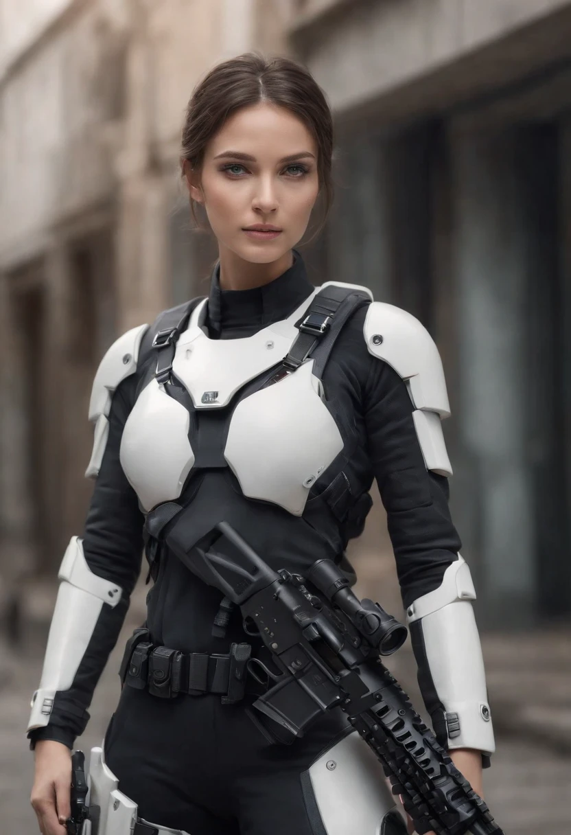 A woman in a white and black costume holding a gun - SeaArt AI