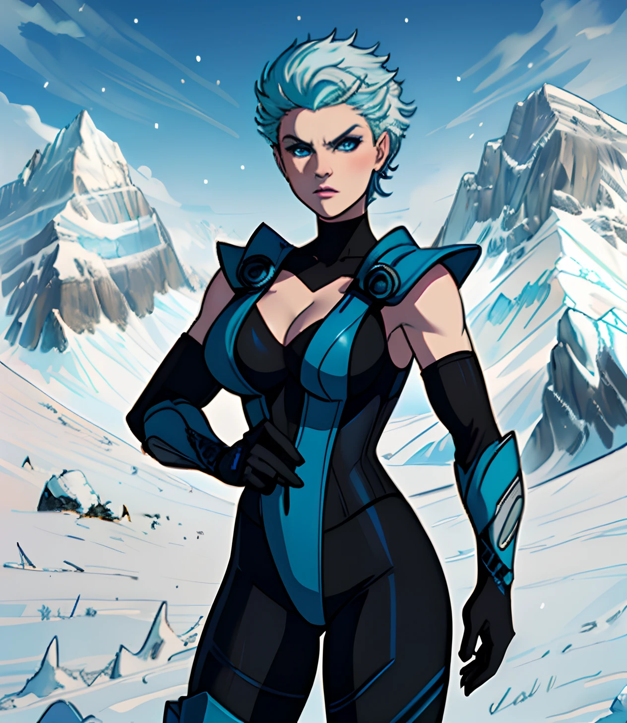 [FROST], ((Masterpiece)), ((High quality art)), ((High definition)), ((solo portrait)), ((beautiful render art)), ((detailed shading)), ((intricate details)), {(Beautiful woman), (pale skin), (cute blue eyes), spiked cyan hair, (ice on face), angry, (slightly muscular legs), (cleavage)}, {(black bodysuit), (blue folded gi), (fishnet leggings), (blue boots)}, {(standing), (cryomancer)}, [Background; (mountain), (snow), (grey sky), (clouds)}