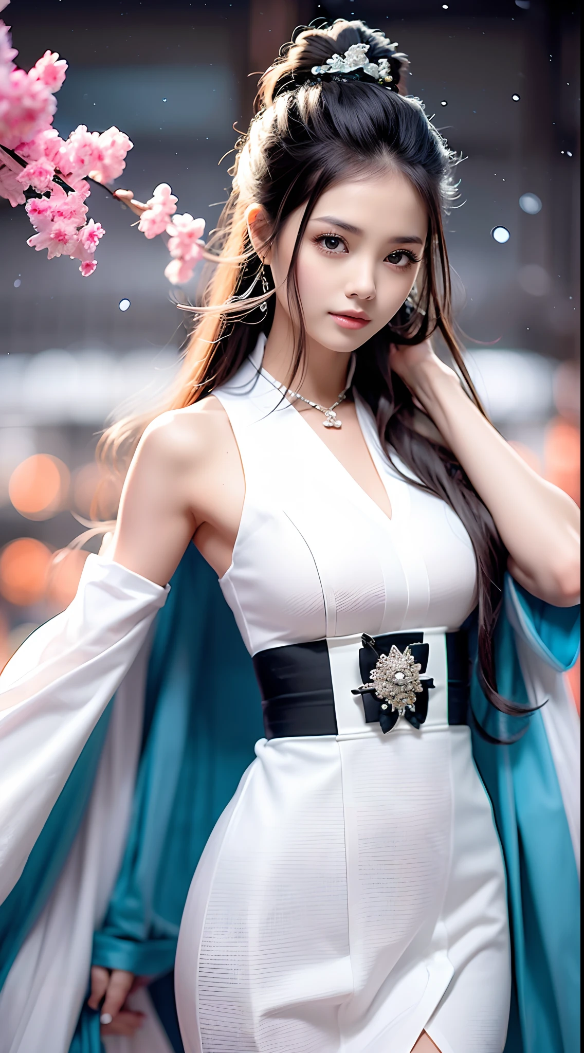 Beautiful detailed woman,very detailed eyes and faces, A detailed eye, ultra - detailed, A high resolution, The is very detailed,best qualtiy,illustratio,unified,8k wallpaper,tmasterpiece,best qualtiy,1girll, ChineseGirl，Chinese looks，full bodyesbian，flowing robe，Super beautiful face, super beautiful eye,Flowing hair， Shawl hair，Simple hair accessories，full bodyesbian，Plain white dress，long yarn，Beautiful picture，snowy day，snowfield，clubs，See plum blossoms in the snow，enjoying，gentleness，Casual pose