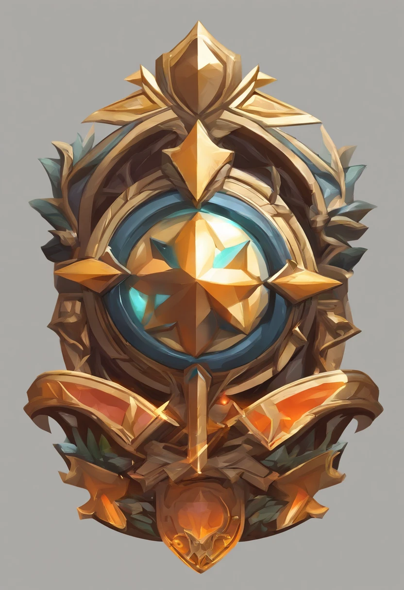 Game medallion with metal faucet closeup with crown,, hearthstone art style, Hearthstone style art, hearthstone concept art, Riot game concept art, style of league of legends, iconic character splash art, League of Legends crown，Game badge，Surrounding metal feathers，Orange gold，C4D Rendering，Less detail，less detailing