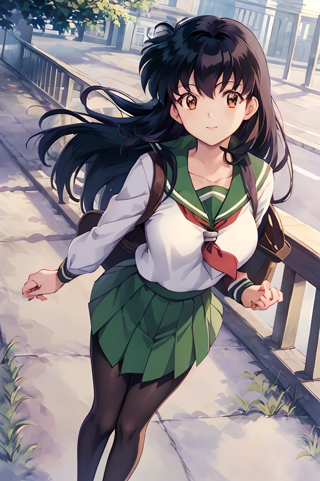 (Best Quality), 1Woman,1girl Kagome Higurashi, brown eyes, full body, photorealistic, (hyperrealistic:1.2), perfect eyes, perfect face, perfect lighting, outdoors, green colors, city, school uniform, happy, , walking,, smile, pantyhose green