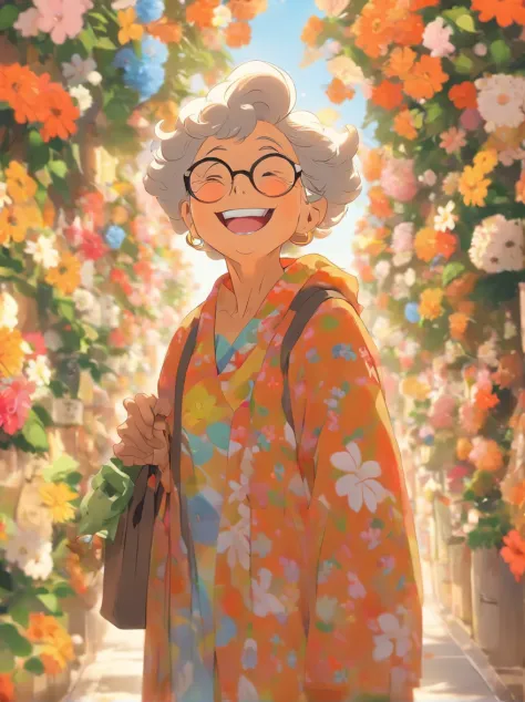 Grandmother with small eyes in the shadow of glasses，Laugh happily，The back is surrounded by many flowers，Walking down the road with shopping bag in hand