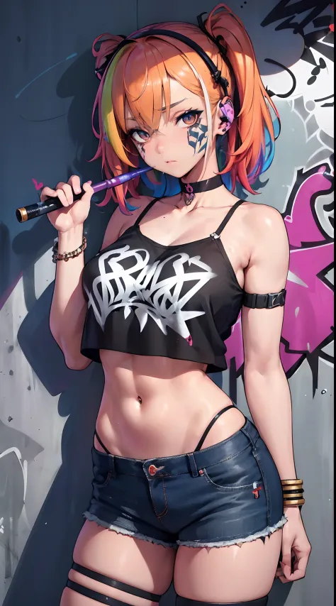 masterpiece, bestquality, 1girls, bara, crop top, shorts jeans, choker, (Graffiti:1.5), color splashes, arm behind back, against wall, looking at the audience, bracelet, Thigh strap, Paint on the body.........., Head tilt, bored, multicolored hair, water e...