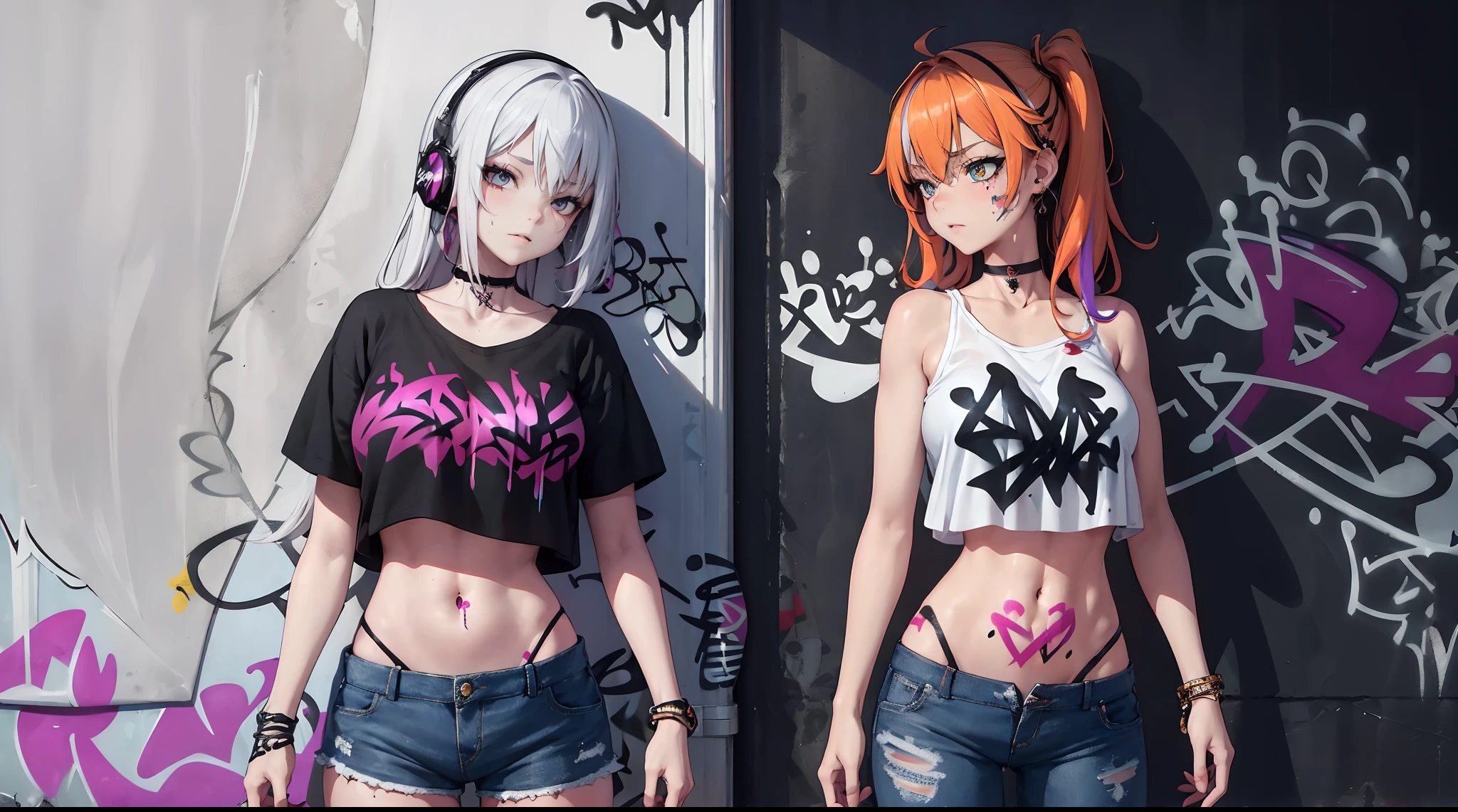 masterpiece, bestquality, 1girls, bara, crop top, shorts jeans, choker, (Graffiti:1.5), color splashes, arm behind back, against wall, looking at the audience, bracelet, Thigh strap, Paint on the body..........., Head tilt, bored, multicolored hair, water eyes, headset,