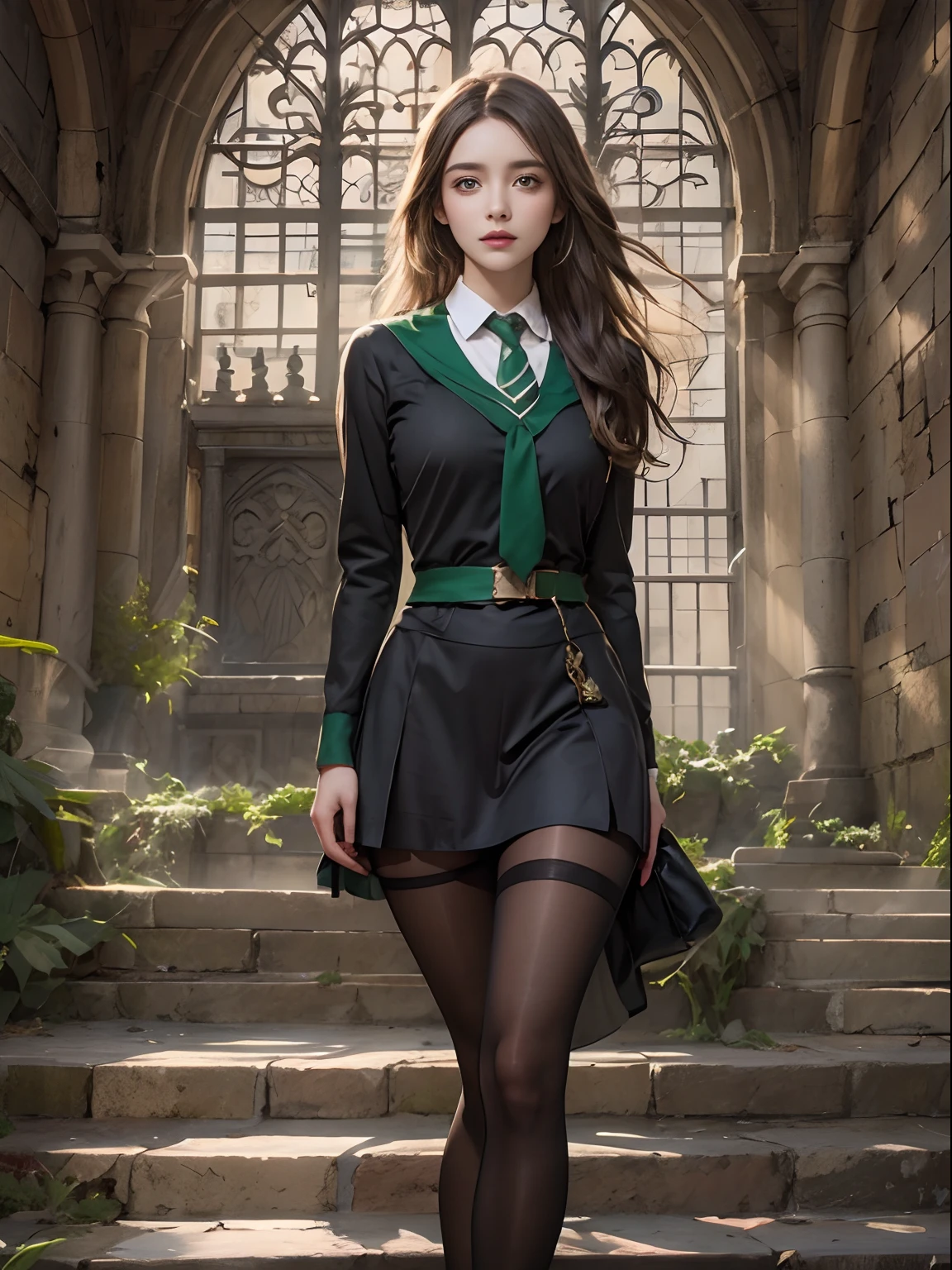 fotorrealista, Alta resolução, 1mulher, Sozinho, quadris para cima, ver o visualizador, (rosto detalhado), Uniforme de Hogwarts, porcos, Sonserina，meias pretas