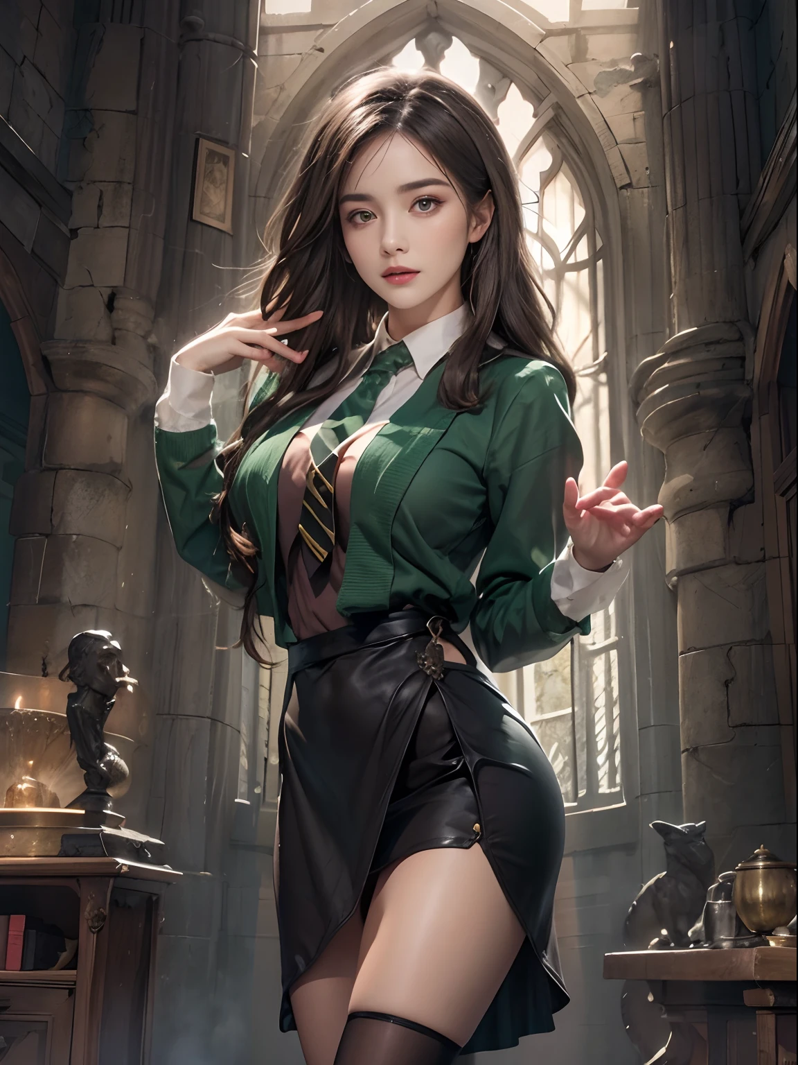 fotorealistisch, Hohe Auflösung, 1womanl, Allein, Hüften hoch, Betrachter anzeigen, (Detailliertes Gesicht), Hogwarts-Uniform, schweinsk, Slytherin，schwarze Strümpfe