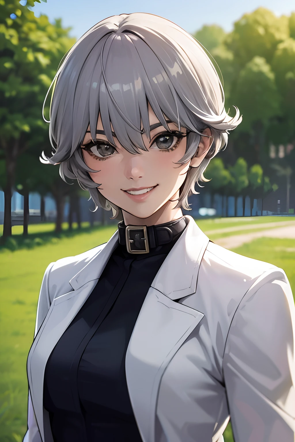 masterpiece, best quality, ((outdoor:1.4)), ((pov, upper body, face focus)), 1girl, solo, Suzune, ((short hair, gray hair)), Suzune's clothes, white jacket, black shirt, evil smile, teeth mouth,