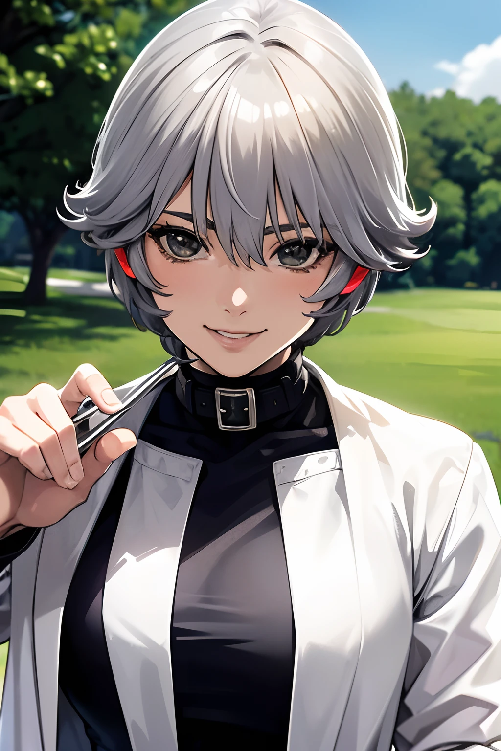 masterpiece, best quality, ((outdoor:1.4)), ((pov, upper body, face focus)), 1girl, solo, Suzune, ((short hair, gray hair)), Suzune's clothes, white jacket, black shirt, evil smile, teeth mouth,