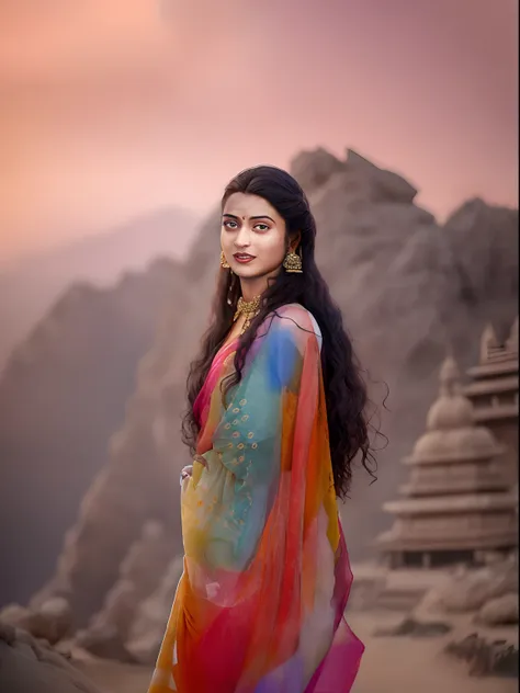 arafed woman in colorful sari standing in front of a mountain, matte painting portrait shot, indian goddess, a stunning portrait...