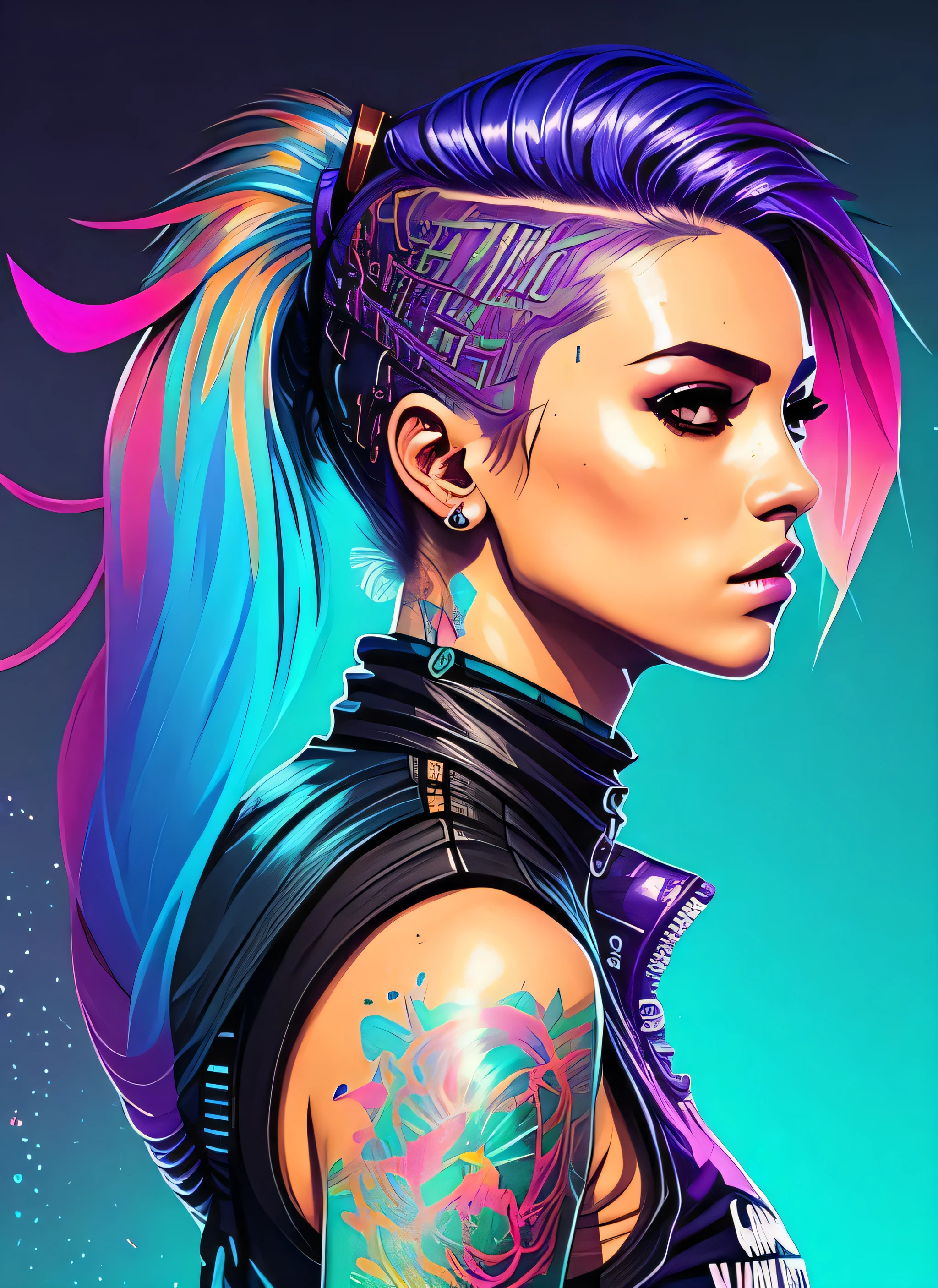 swpunk style synthwaveaward winning half body portrait of a woman in a croptop and cargo pants with ombre navy blue teal hairstyle with head in motion and hair flying, paint splashes, splatter, outrun, vaporware, shaded flat illustration, digital art, trending on artstation, highly detailed, fine detail, intricate