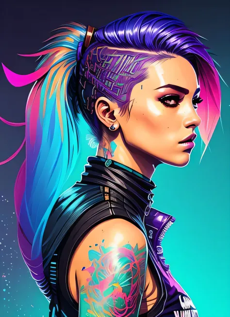 swpunk style synthwaveaward winning half body portrait of a woman in a croptop and cargo pants with ombre navy blue teal hairsty...