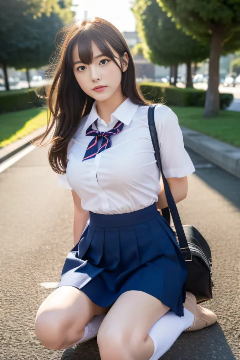 (Raw foto、​masterpiece、top-quality、Hi-Res)、Cute Japan person、ballet、be shy、Shyness、18year old、One Woman、attractive bodies、Colossal tits:1.4、Long wavy hair、High School School Uniform、thighs thighs thighs thighs、White socks、open-shirt、Tight shirt、Sheer shirt...