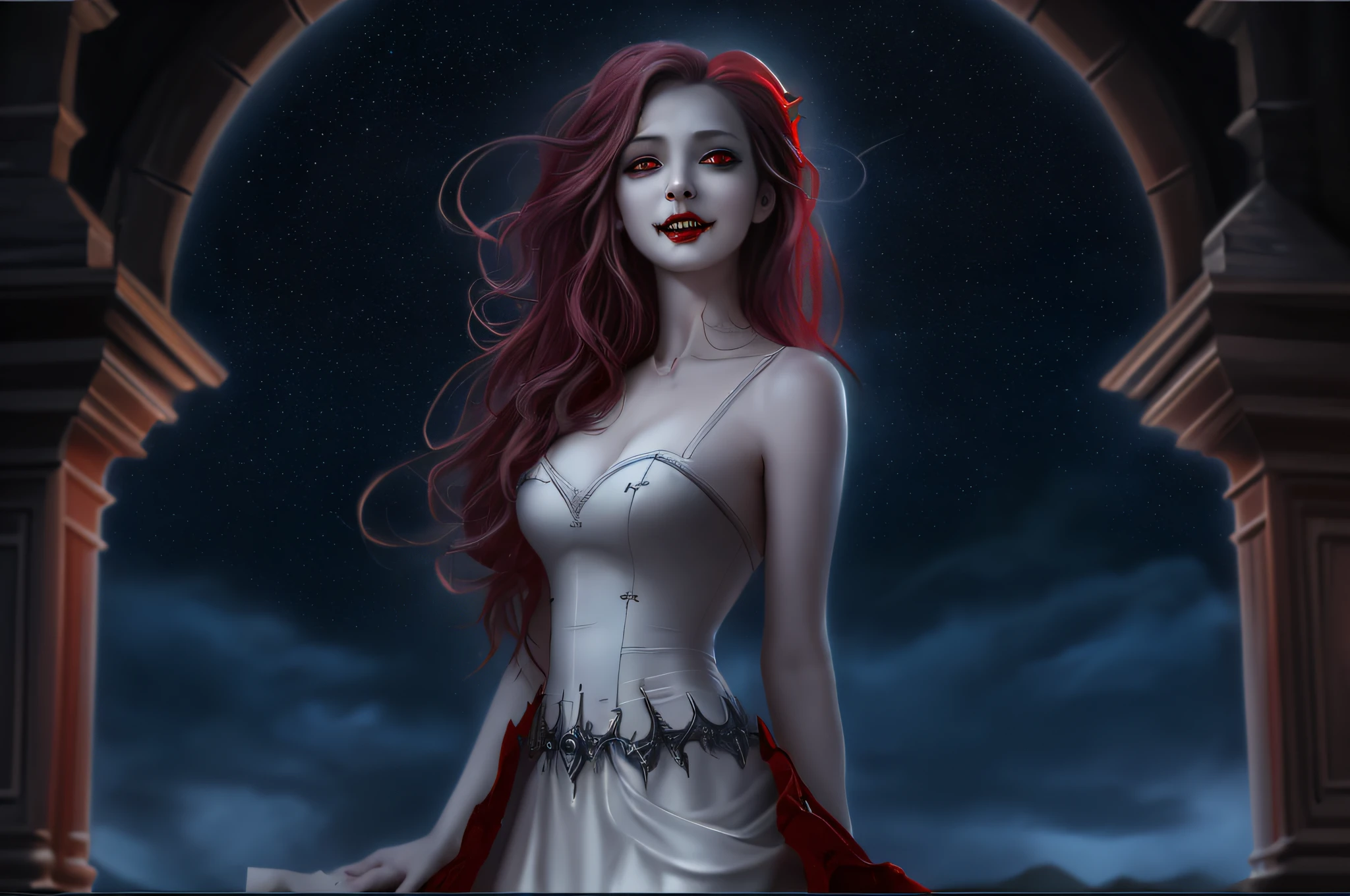 a picture of an exquisite beautiful female vampire standing under the starry night sky on the porch of her castle, dynamic angle ( best detailed, Masterpiece, best quality: 1.4), ultra detailed face (best detailed, Masterpiece, best quality: 1.4), ultra feminine, grey skin, red hair, wavy hair, dynamic eyes color, cold eyes, glowing eyes, intense eyes, dark red lips, (2fangs:1.5), wearing white dress, sexy elegant style dress (ultra detailed, Masterpiece, best quality: 1.3), wearing high heeled boots, sky full of stars background, moon, bats flying about, best details, best quality, 16k, [ultra detailed], masterpiece, best quality, (ultra detailed), full body, ultra wide shot, photorealism, dark fantasy art, , gothic art, many stars, dark fantasy art, gothic art, sense of dread,