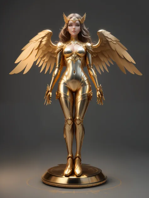 ：Mechanical style，Gold Theme，（1 Mechanical Angel Woman，Anatomy is correct，full bodyesbian，Golden wings，Standing on your feet，Round base），black white background，（3Drenderingof，beste-Qualit，Details，tmasterpiece，Social art，cinematic lighting effects，4k，chiaro...
