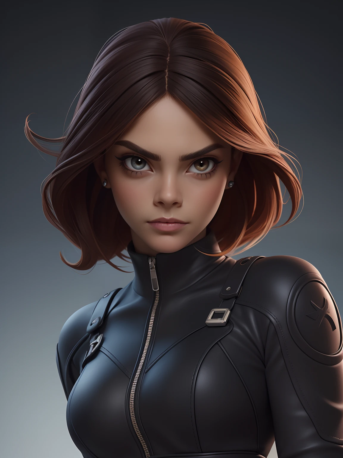 Un primer plano de una mujer vestida de black widow , Extremely detailed artgerm, ( ( black widow ) ), Cudesexyrobutts, Artgerm. High detail, character is in her natural pose, as seen on artgerm, IG model | Artgerm, super detailed render, Detailed artgerm, Artgerm Style. Red hair.