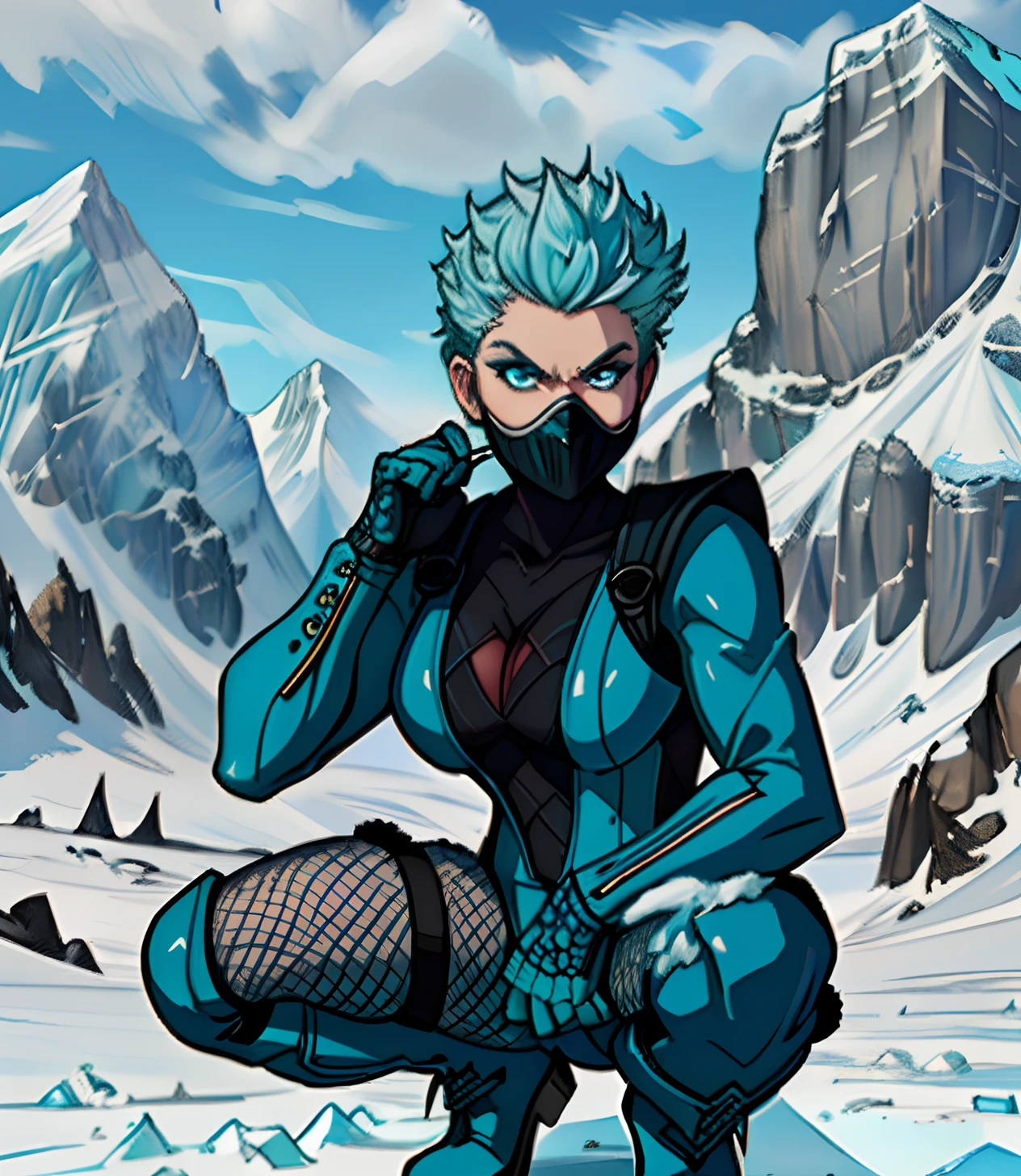 [FROST], ((Masterpiece)), ((High quality art)), ((High definition)), ((solo portrait)), ((full body)), ((shoes visible)), ((beautiful render art)), ((detailed shading)), ((intricate details)), {(Beautiful woman), (pale skin), (cute blue eyes), (spiked cyan ice hair), (mask on face), angry, (slightly muscular legs), (cleavage)}, {(black bodysuit), (blue folded gi), (fishnet), (blue boots)}, {(squatting), (cyan ice dagger in hand)}, [Background; (mountain), (snow), (grey sky), (clouds)}