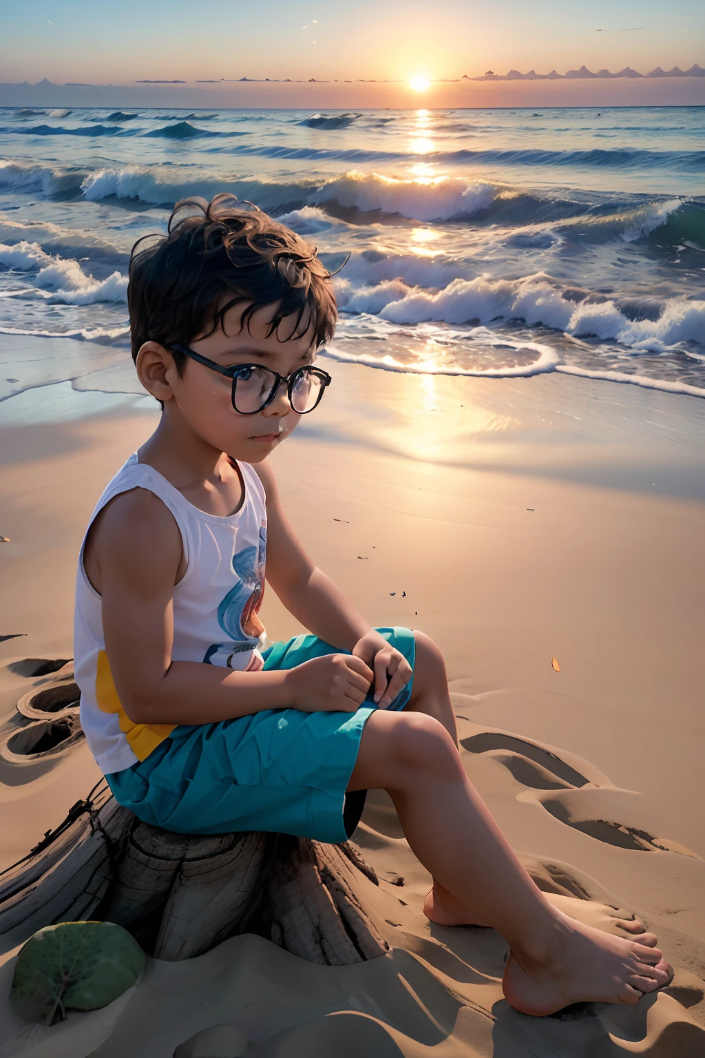 Menino arafiado sentado no toco de uma árvore na praia - SeaArt AI