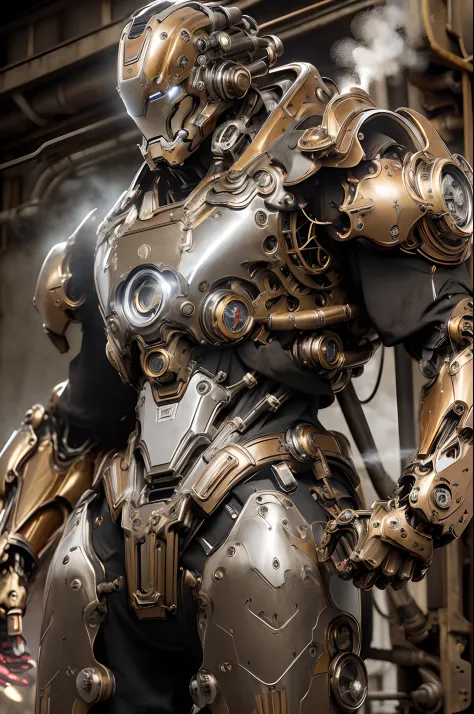 Masterpiece, ironman wearing futuristic steampunk robotic suit, ((steam engine, steam-mechanical, heavy retro-machine, steam pipes, red and gold color)) red and gold color, hyper realistic, hyper detailed mechanical, clean sharp image, 16K, HD, High Qualit...