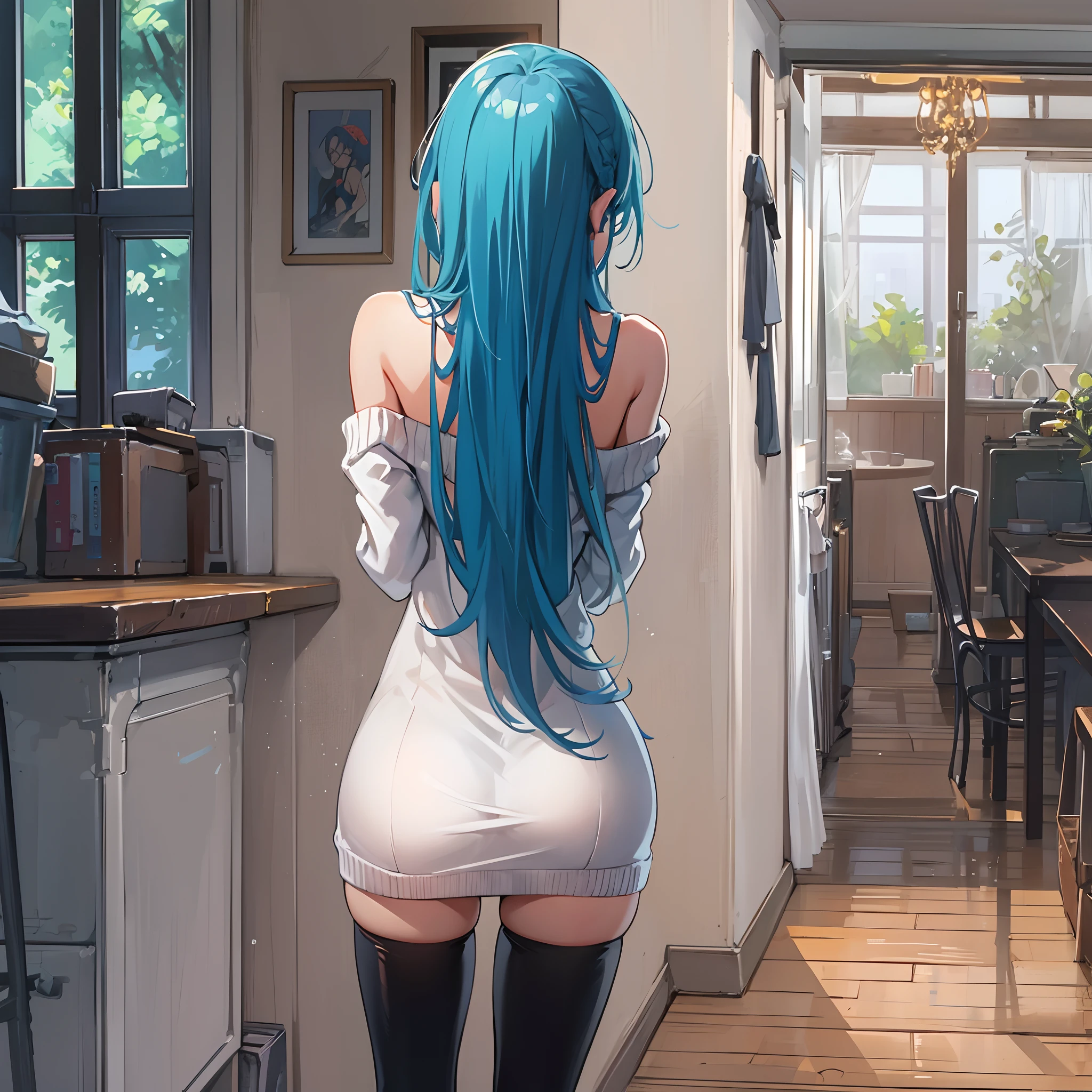 Menina anime, cabelo longo, cabelo azul, vestido suéter branco, legging preta, magrelo, por trás, olhando para trás, mostrando a bunda, acabou, sexy, em uma casa