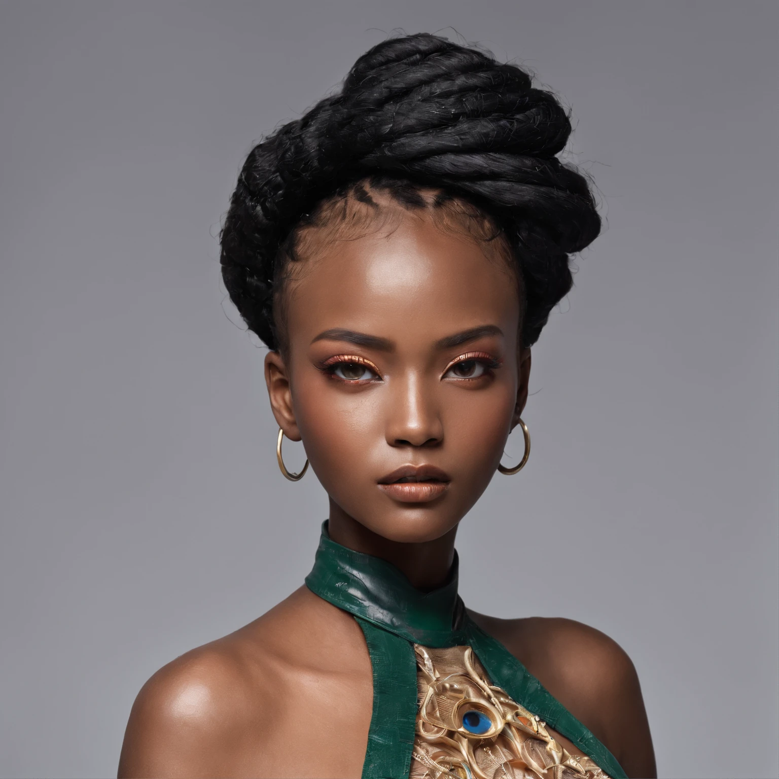 one African model ,Unique hair details, Y2K tube-top fashion. Fairy like. Mechanical fashion, Near future, Curvilinear details , detailed eyes, double eyelid, plump lips, short hair, professional makeup, golden ratio, hyper res