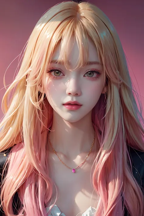 Close up of a man with blonde hair and necklace, digital art inspired by Yanjun Cheng, Tumblr, Rococo, portrait of jossi of blackpink, portrait jisoo blackpink, floating golden hair, Long flowing blonde hair, long bubblegum hair, coiffed blonde hair, Pink ...