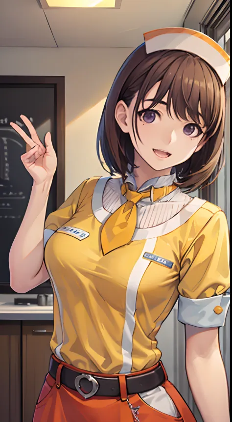 Big anime girl posing in front of window、(((Waitress uniform:1.2)))、((Yellow Uniform)), ((Yellow sleeves)), ((Yellow skirt)), ((...