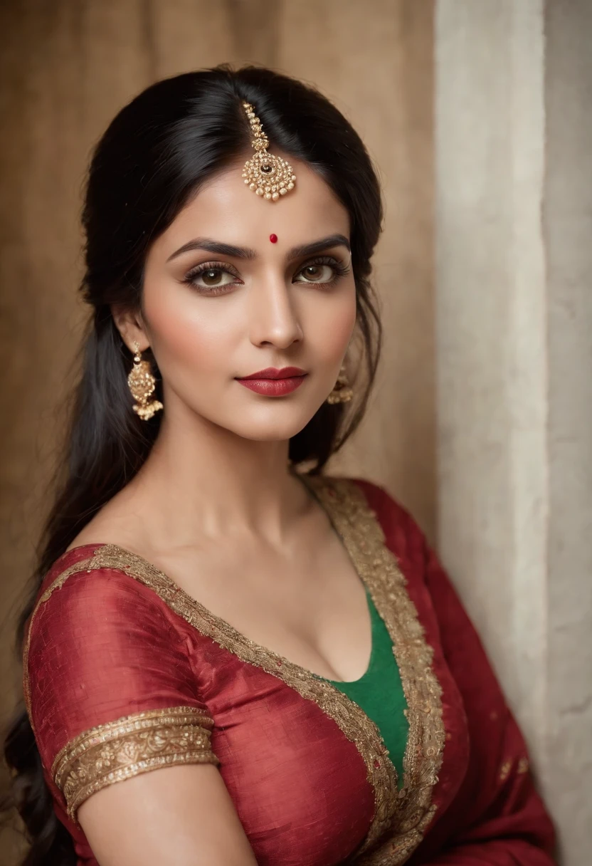 Deepti Bhatnagar, (((a deep reddish wound crosses her left cheek))) fair complexion, woman around 29 years old, large breasts, deep cleavage , natural black hair, distinctive green eyes, wearing kohl, slender and graceful, beautiful, candlelight in a medieval setting, ultra sharp focus, realistic shot, medieval female clothes, tetradic colors (scar:1.4)