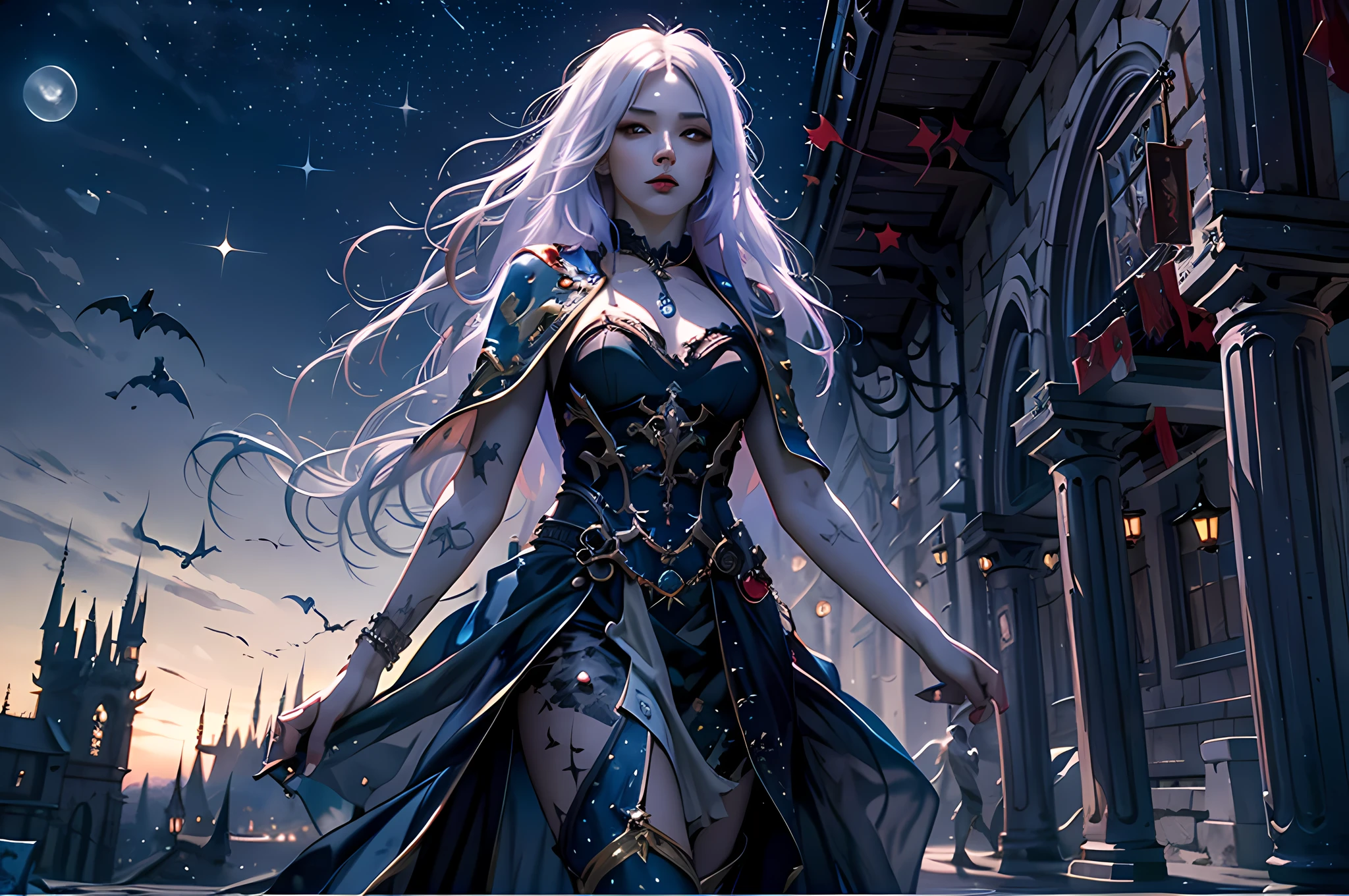 a picture of an exquisite beautiful female vampire standing under the starry night sky on the porch of her castle, dynamic angle (ultra detailed, Masterpiece, best quality), ultra detailed face (ultra detailed, Masterpiece, best quality), ultra feminine, dark skin, black hair, wavy hair, dynamic eyes color, cold eyes, glowing eyes, intense eyes, dark red lips, [fangs], wearing white dress (ultra detailed, Masterpiece, best quality), wearing blue cloak (ultra detailed, Masterpiece, best quality), long cloak, flowing cloak (ultra detailed, Masterpiece, best quality), wearing high heeled boots, sky full of stars background, moon, bats flying about, high details, best quality, 8k, [ultra detailed], masterpiece, best quality, (ultra detailed), full body, ultra wide shot, photorealism, dark fantasy art, dark fantasy art, gothic art, many stars, dark fantasy art, gothic art, sense of dread,